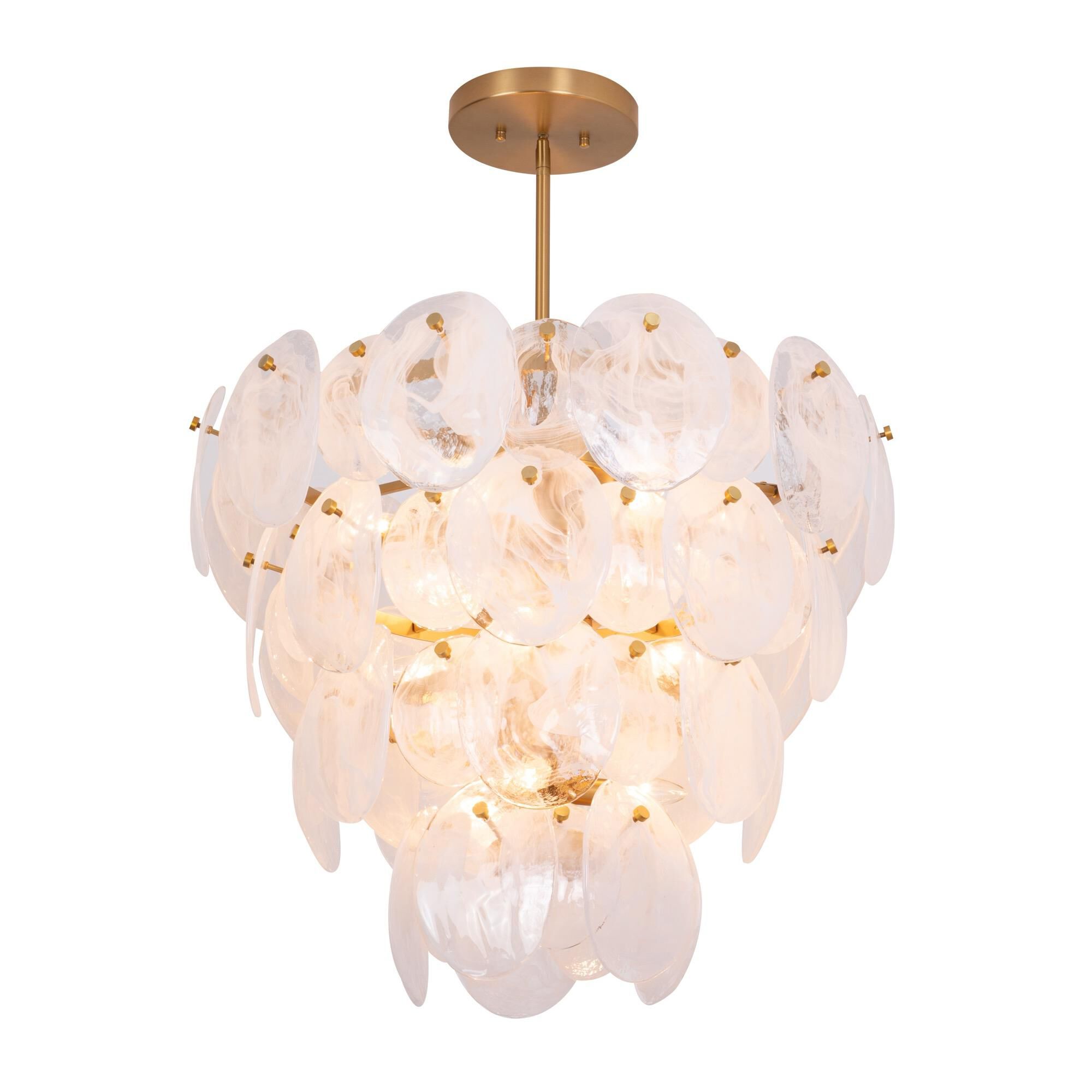 Shown in Brushed Brass finish and Wispy White Murano Style glass