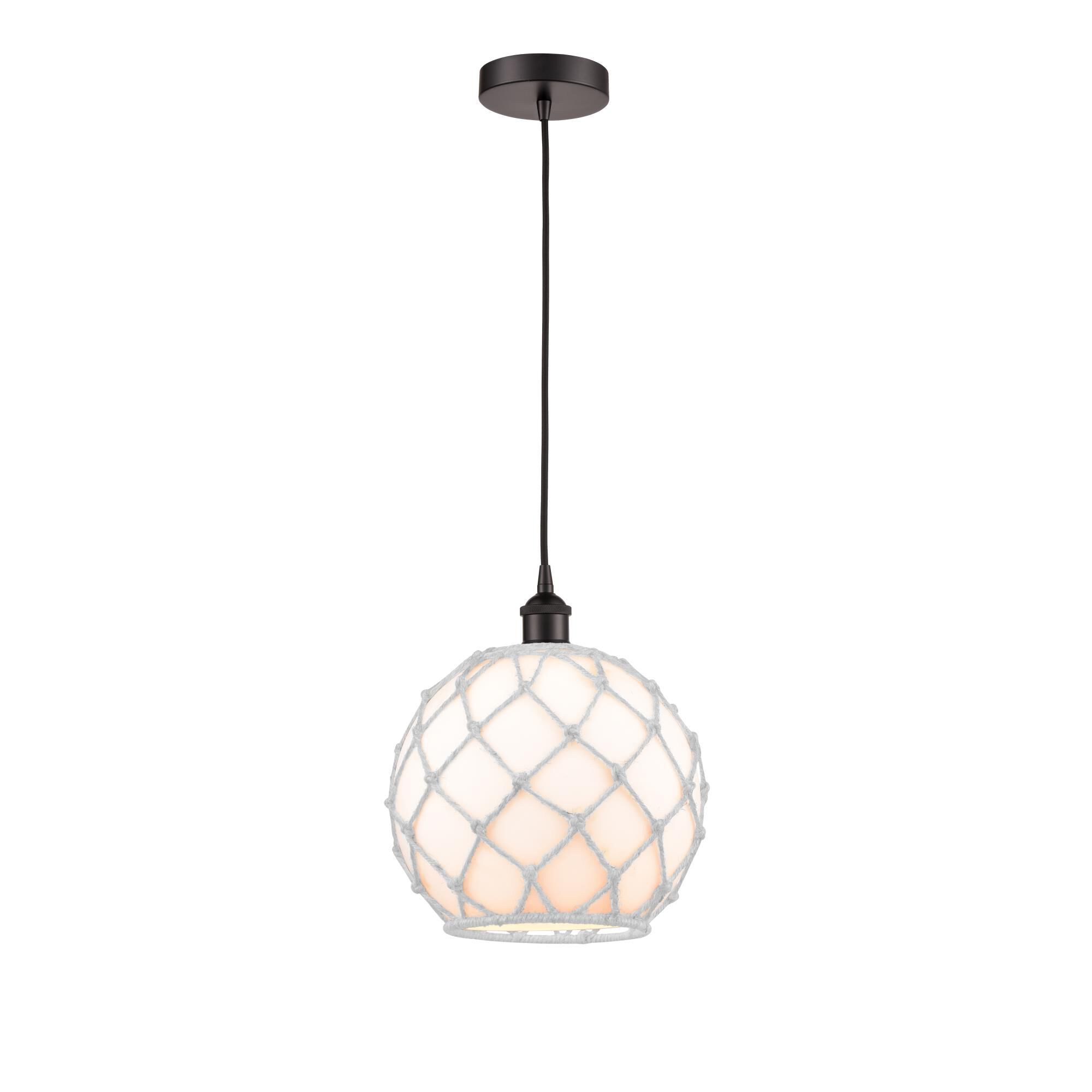 Shown in Oil Rubbed Bronze finish and White Large Farmhouse With White Rope glass