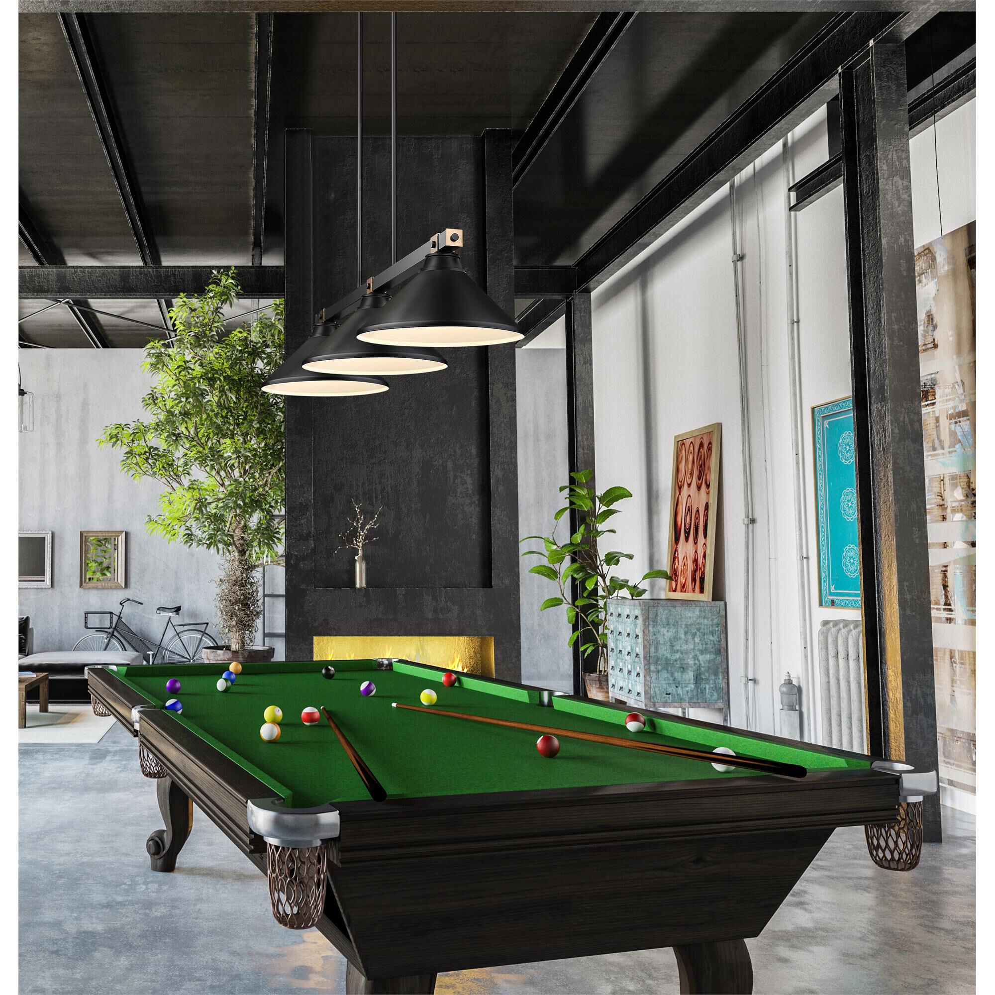 Shown in Matte Black + Rubbed Brass finish and Matte Black glass and Matte Black shade