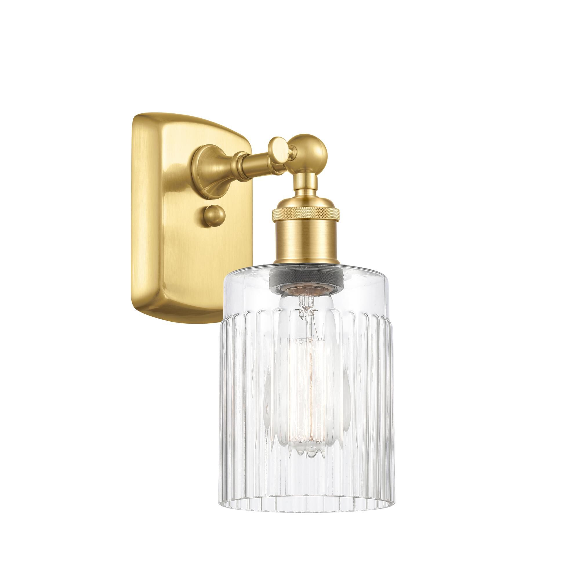 Shown in Satin Gold finish and Clear Hadley glass
