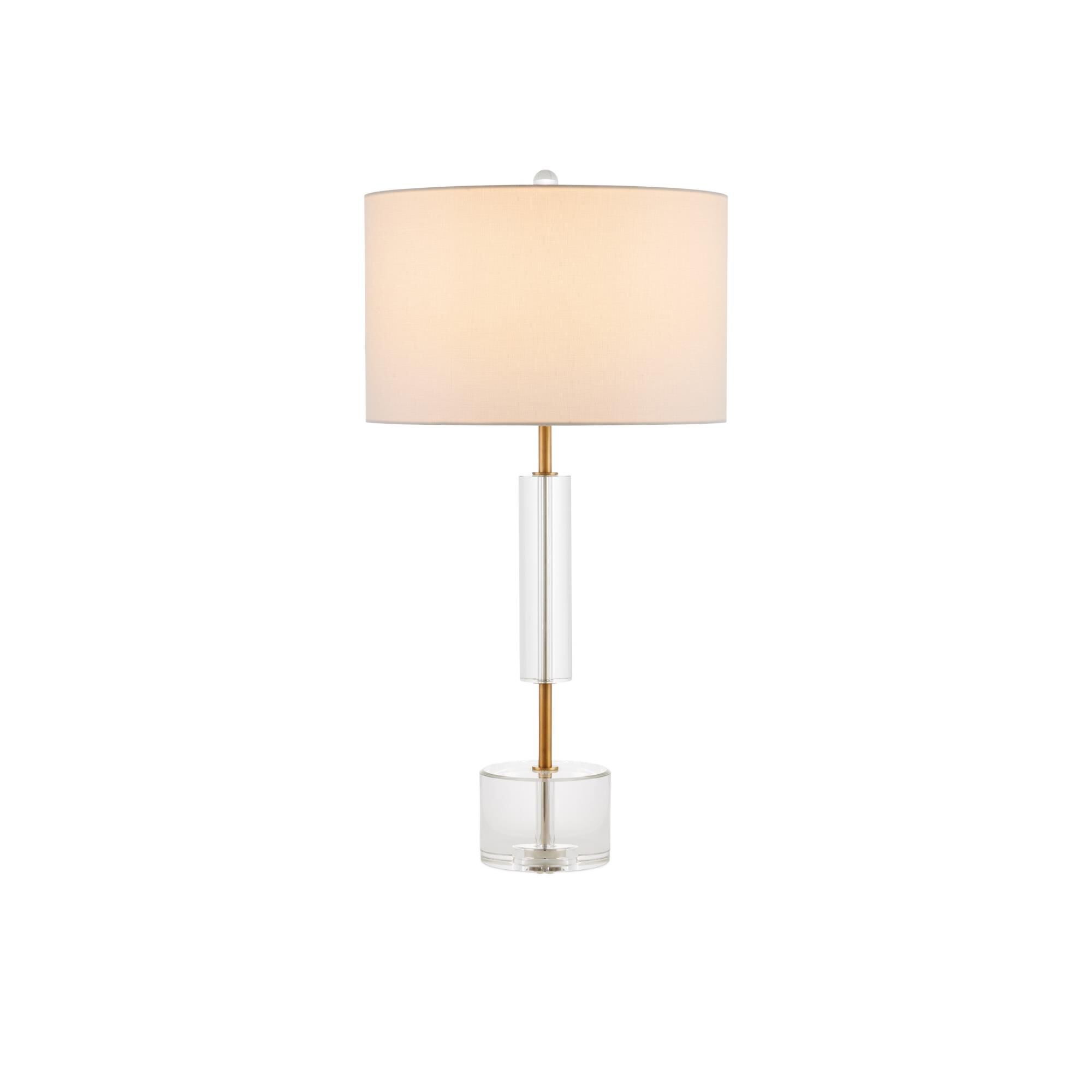 Shown in Clear, Antique Brass finish and Off-White Fine Linen shade