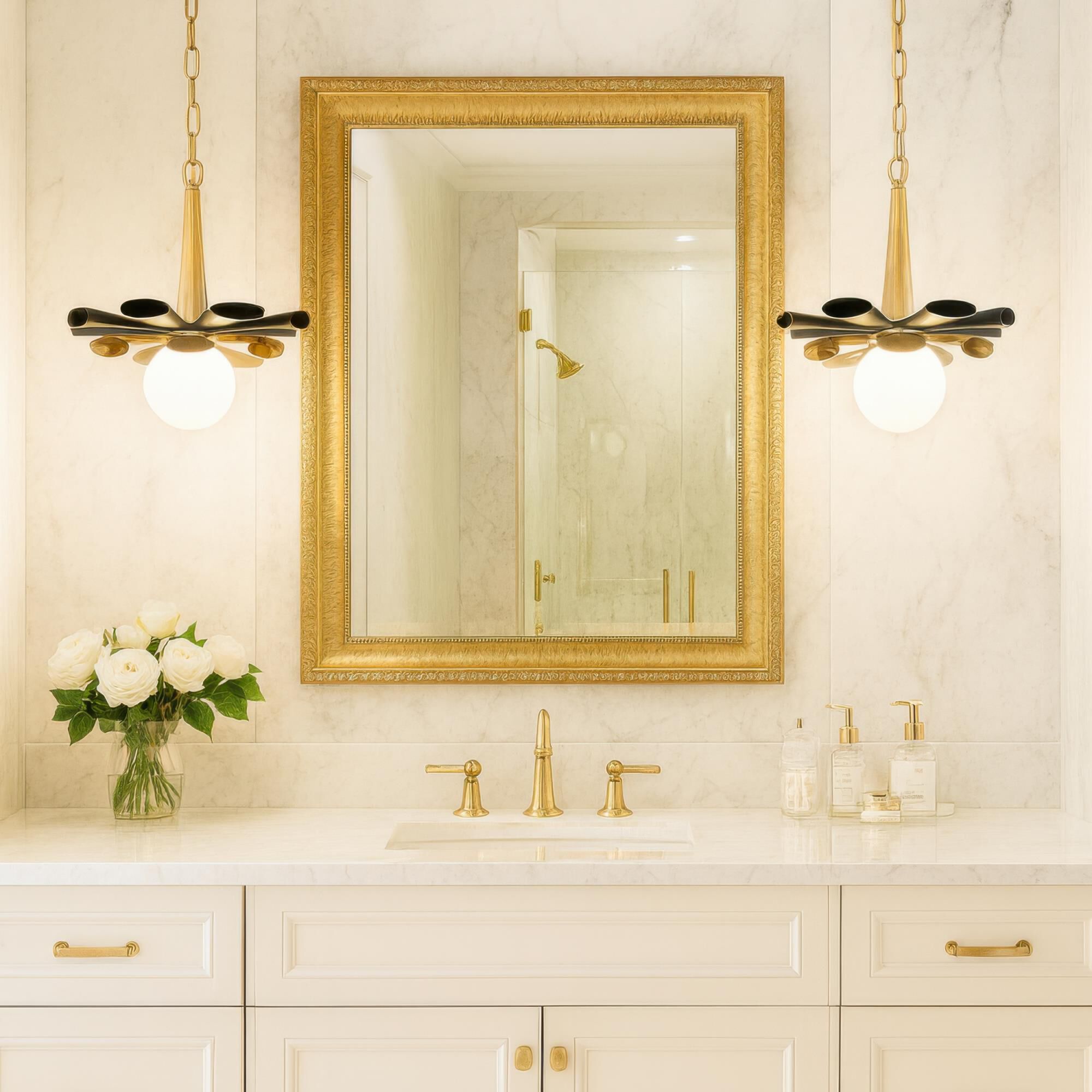 Shown in Black and Gold finish and Frosted Opal White glass