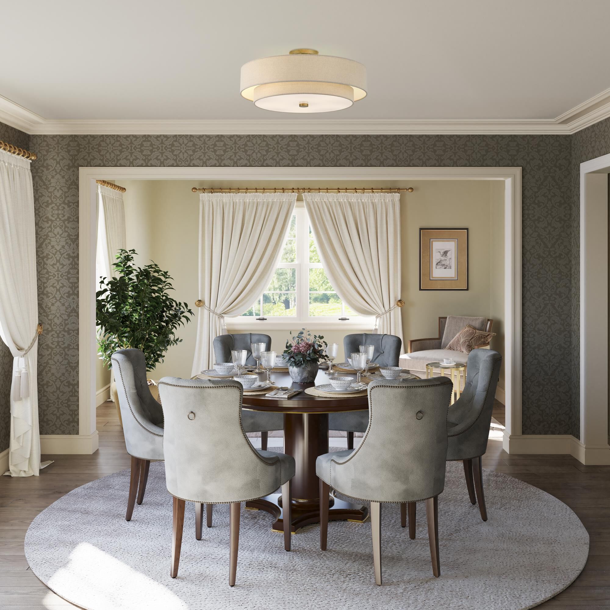 Shown in Antique Gold Leaf finish and Hand Crafted Parchment Color Hardback Fabric with White Color Inside shade