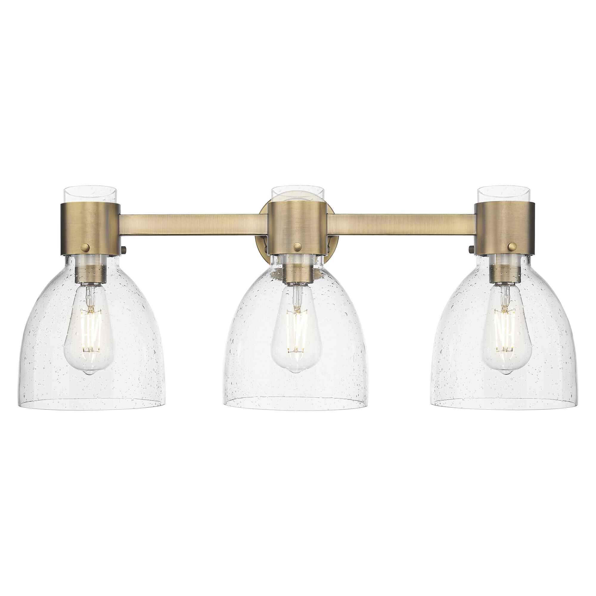 Shown in Brushed Brass finish and Seedy glass