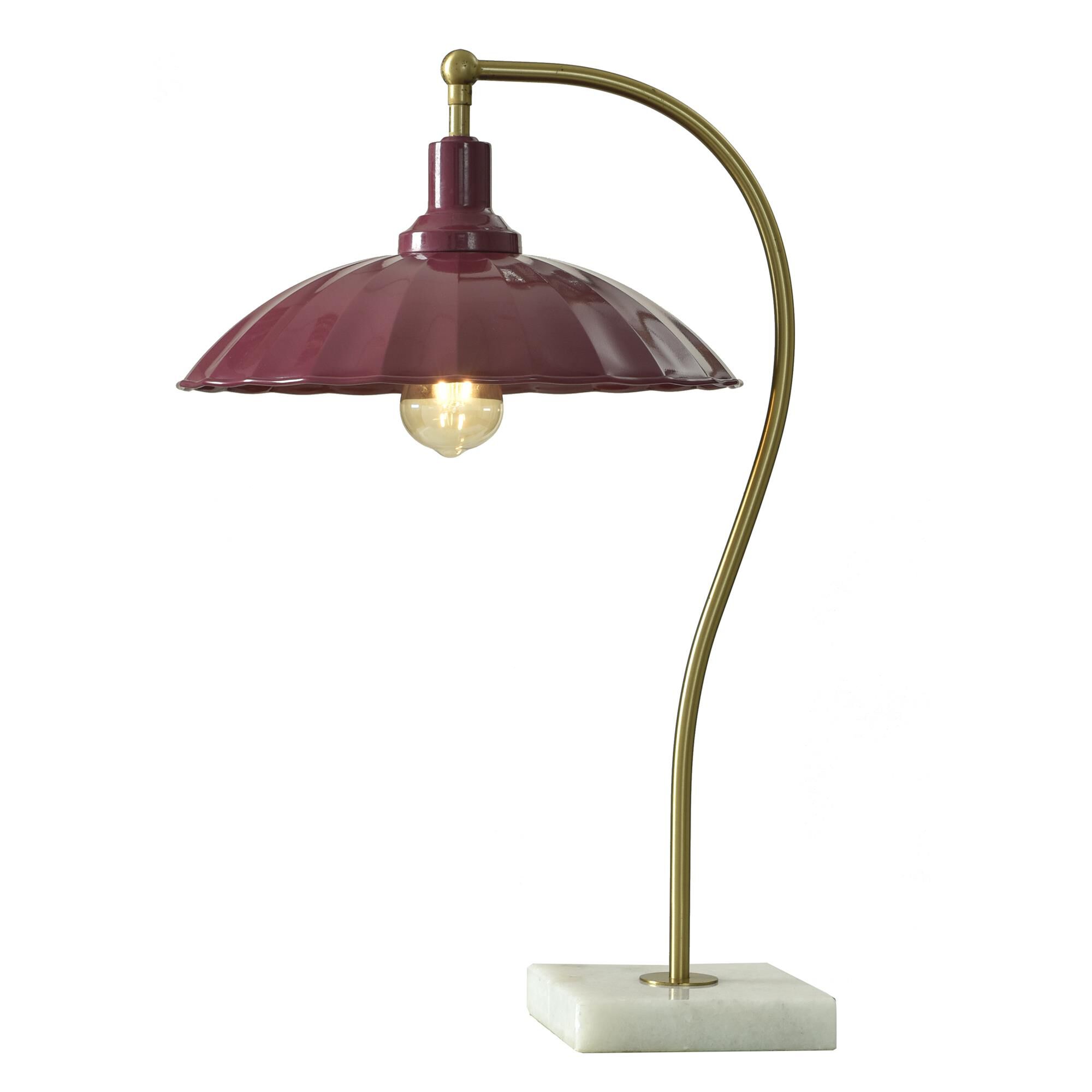 Shown in Polished Brass and White Marble finish and Glossy Burgundy shade