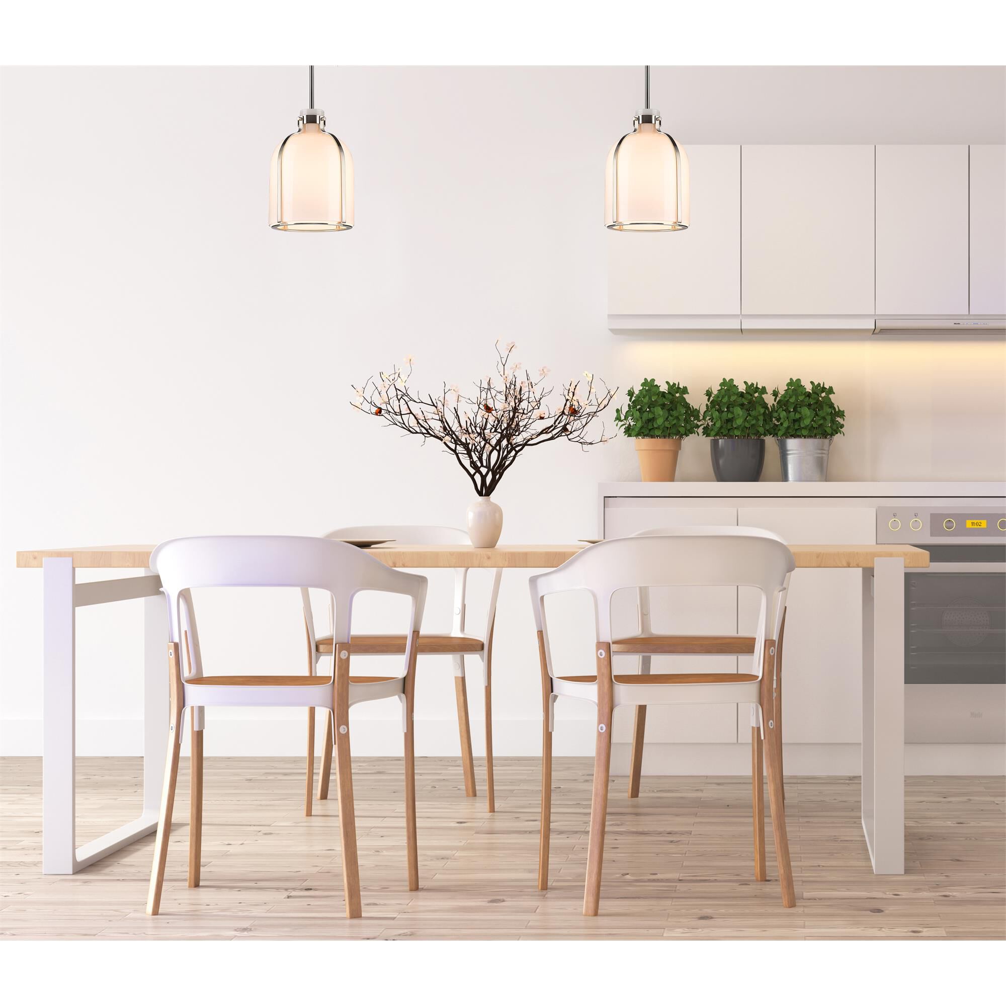 Shown in Brushed Nickel finish and White Opal glass and No Shade shade