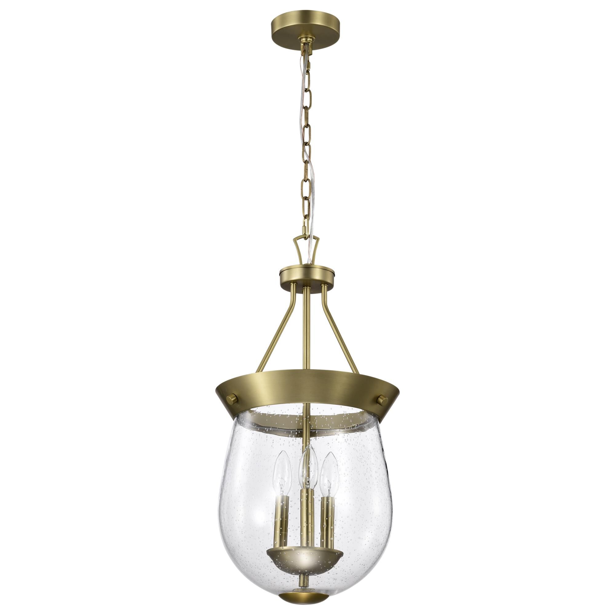Shown in Vintage Brass finish and Clear Seeded glass