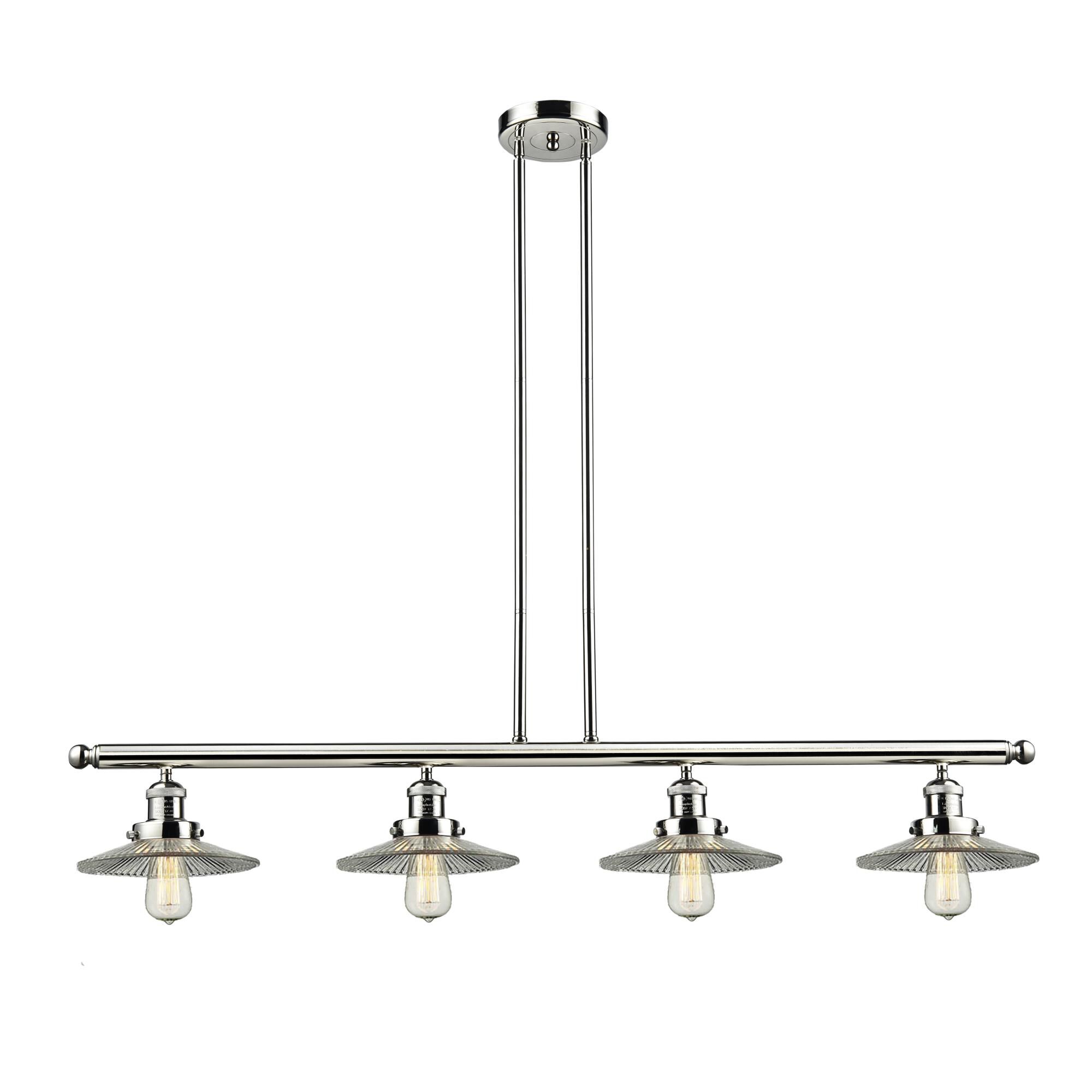 Shown in Polished Nickel finish and Clear Halophane glass