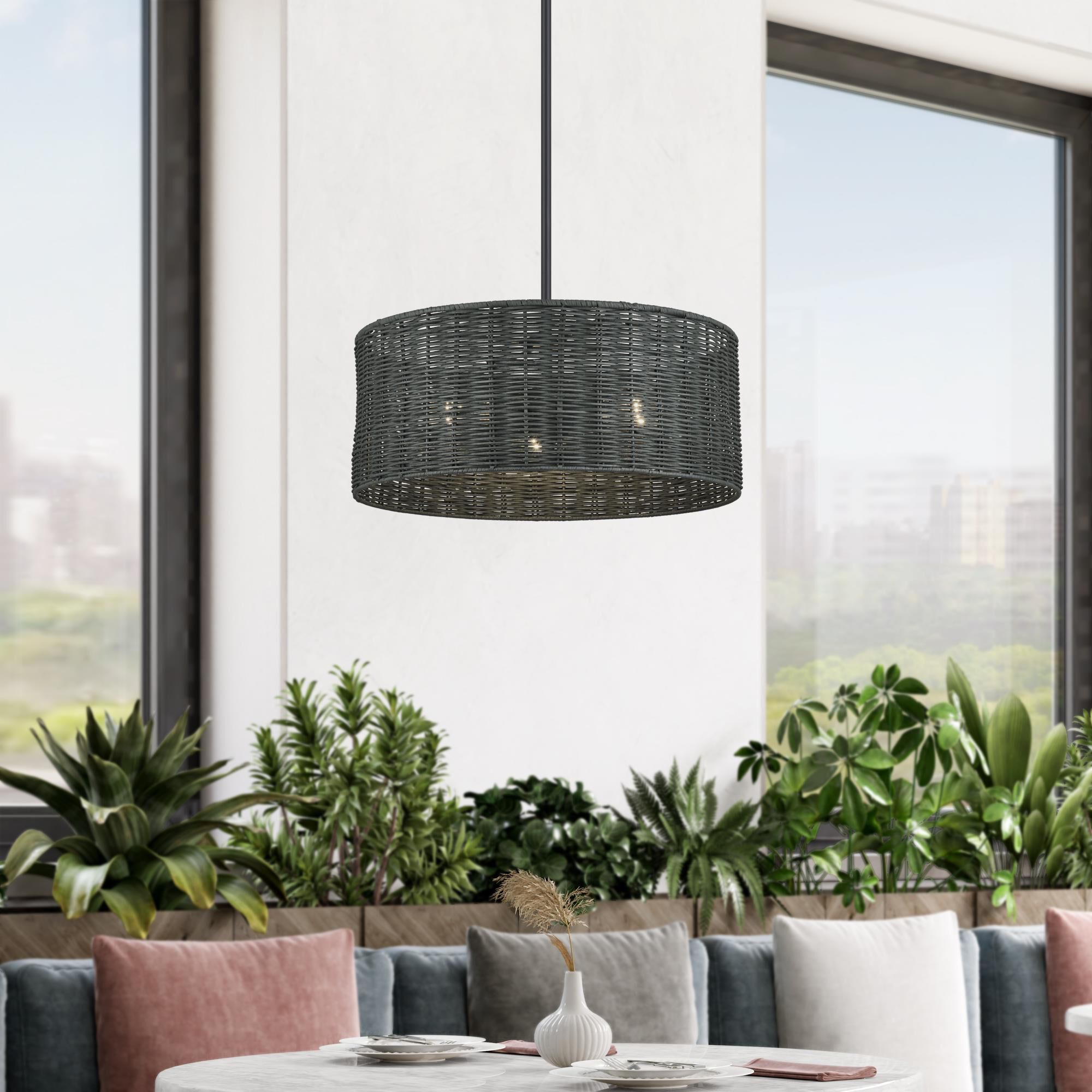 Shown in Black finish and Hand-Woven Charred Gray Color Rattan shade