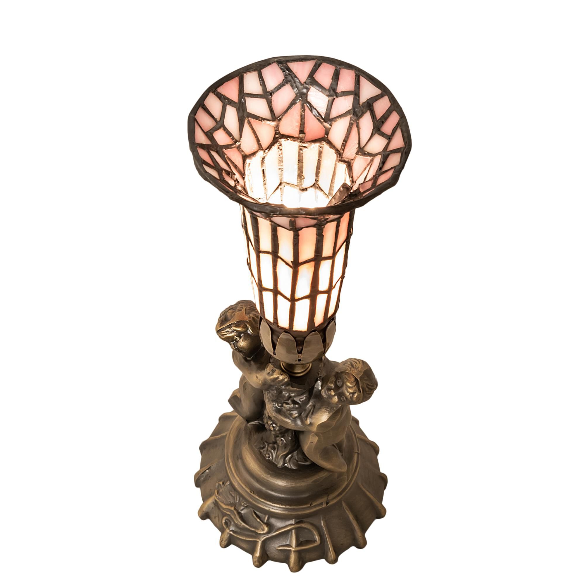 Shown in Antique Brass finish and Pink glass