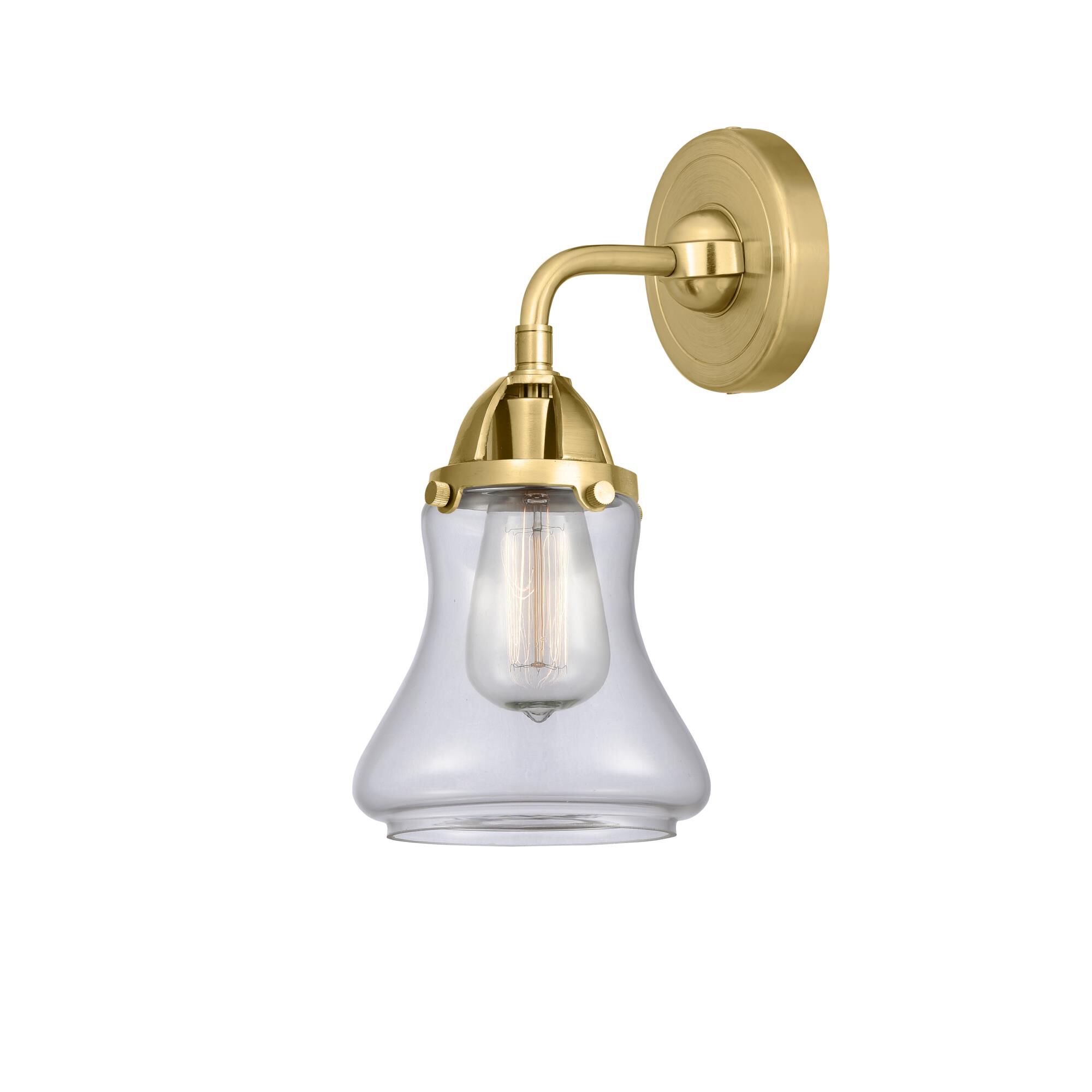 Shown in Satin Gold finish and Clear Bellmont glass and No Shade shade