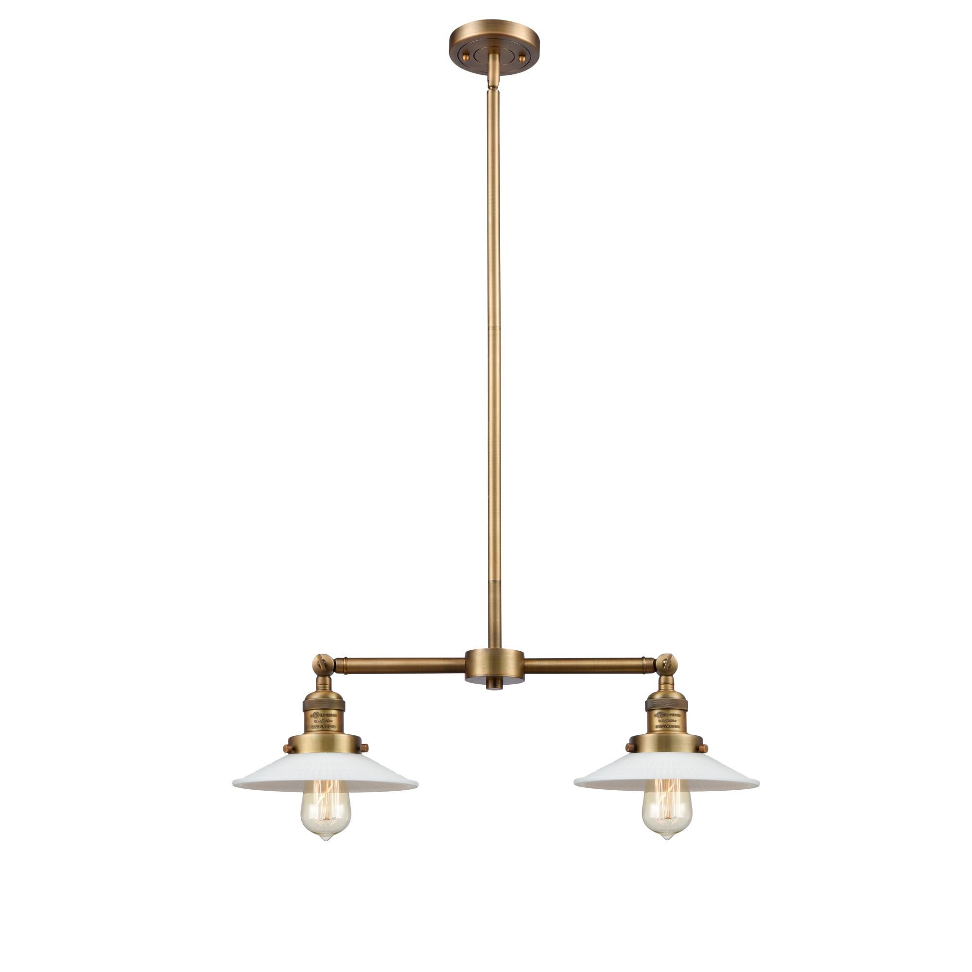 Shown in Brushed Brass finish and Matte White Halophane - Cone glass