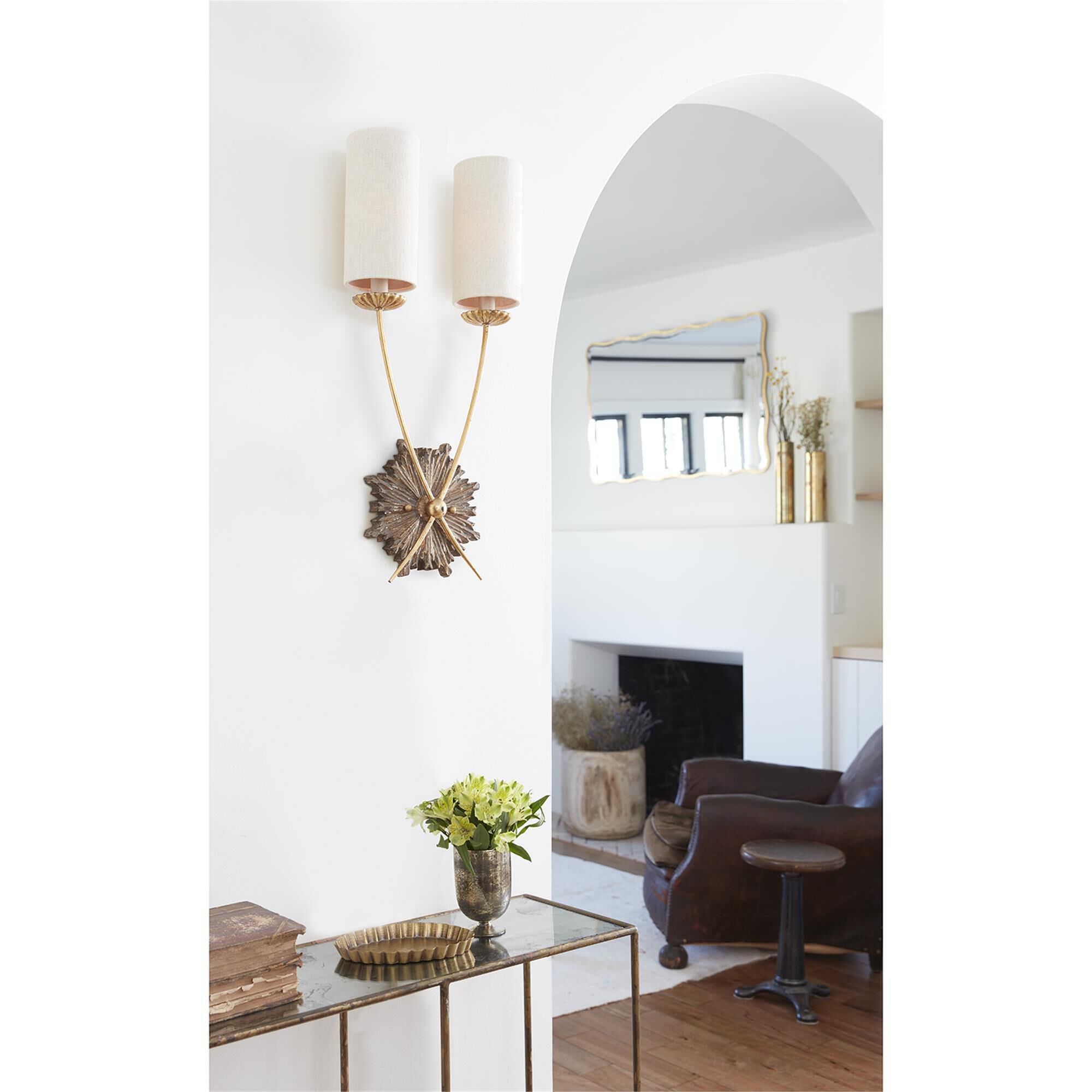 Shown in Antique Gold finish and Linen shade