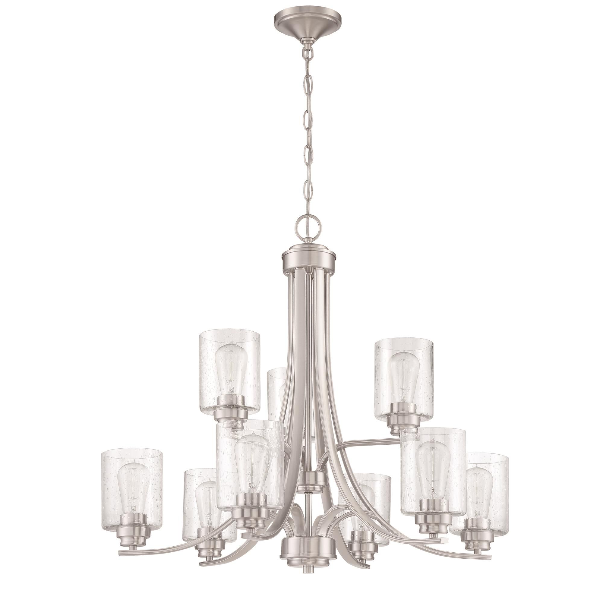 Shown in Brushed Polished Nickel finish and Clear Seeded glass and Glass shade