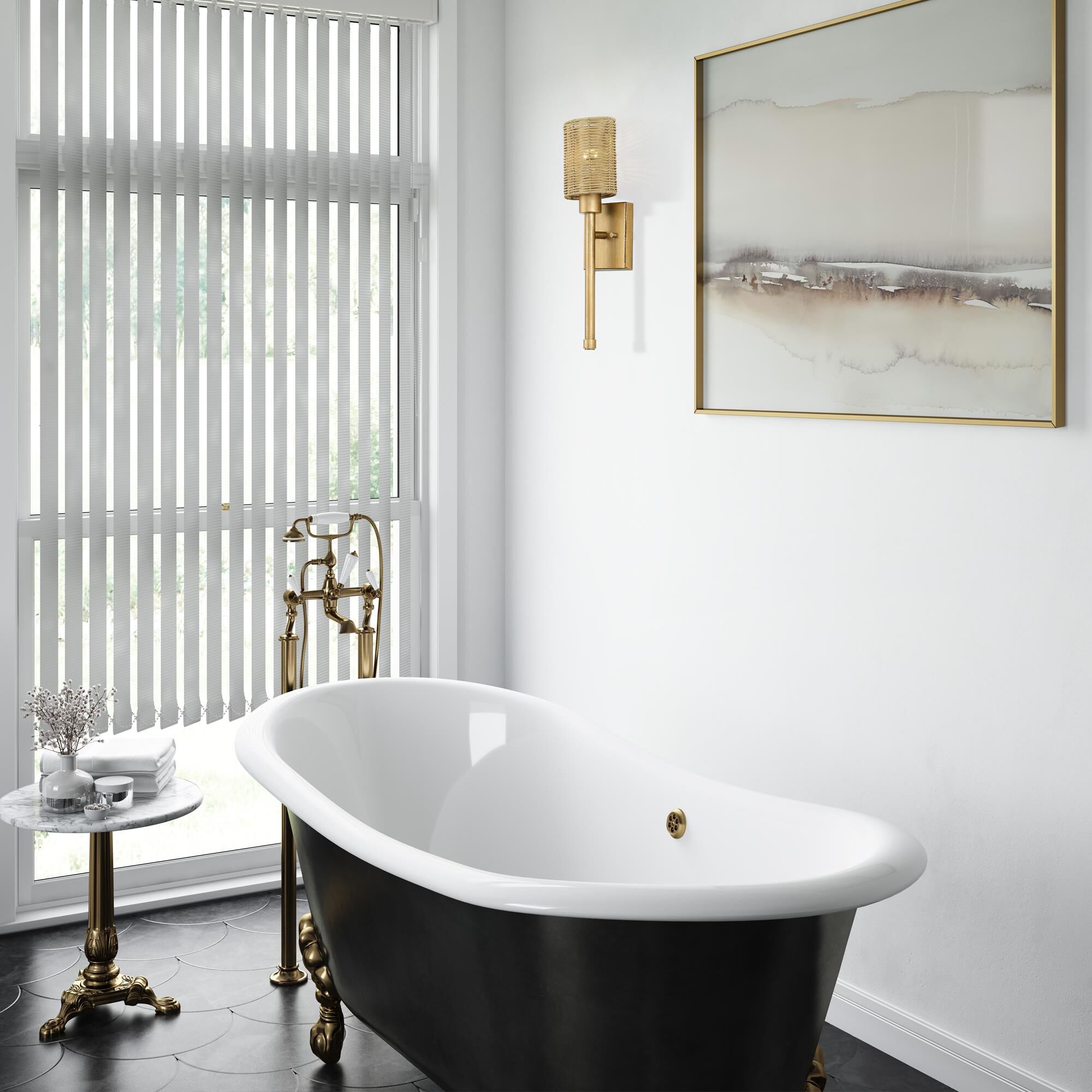 Shown in Antique Gold Leaf finish and Hand-Woven Rustic Walnut Color Rattan shade