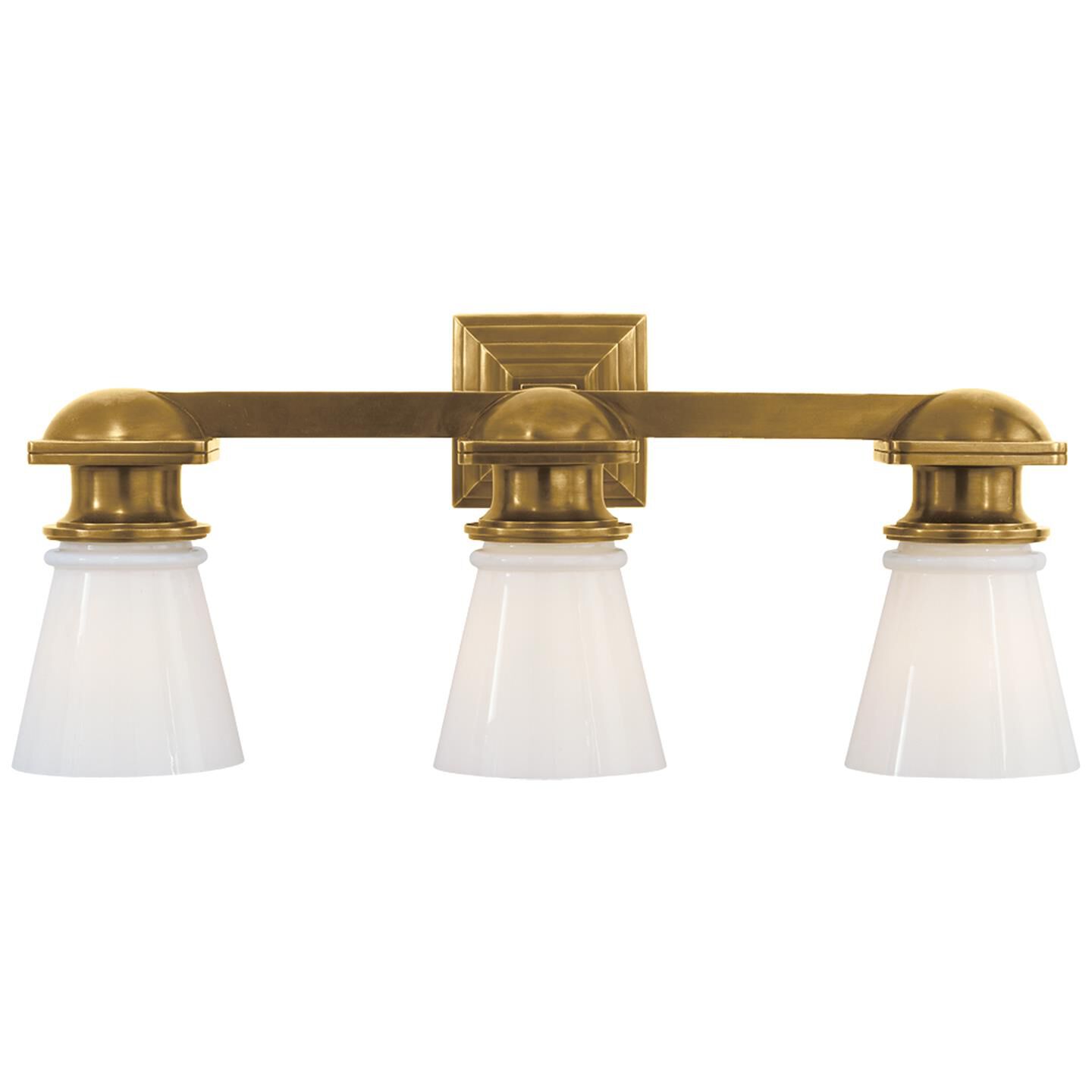 Shown in Hand-Rubbed Antique Brass finish and White glass