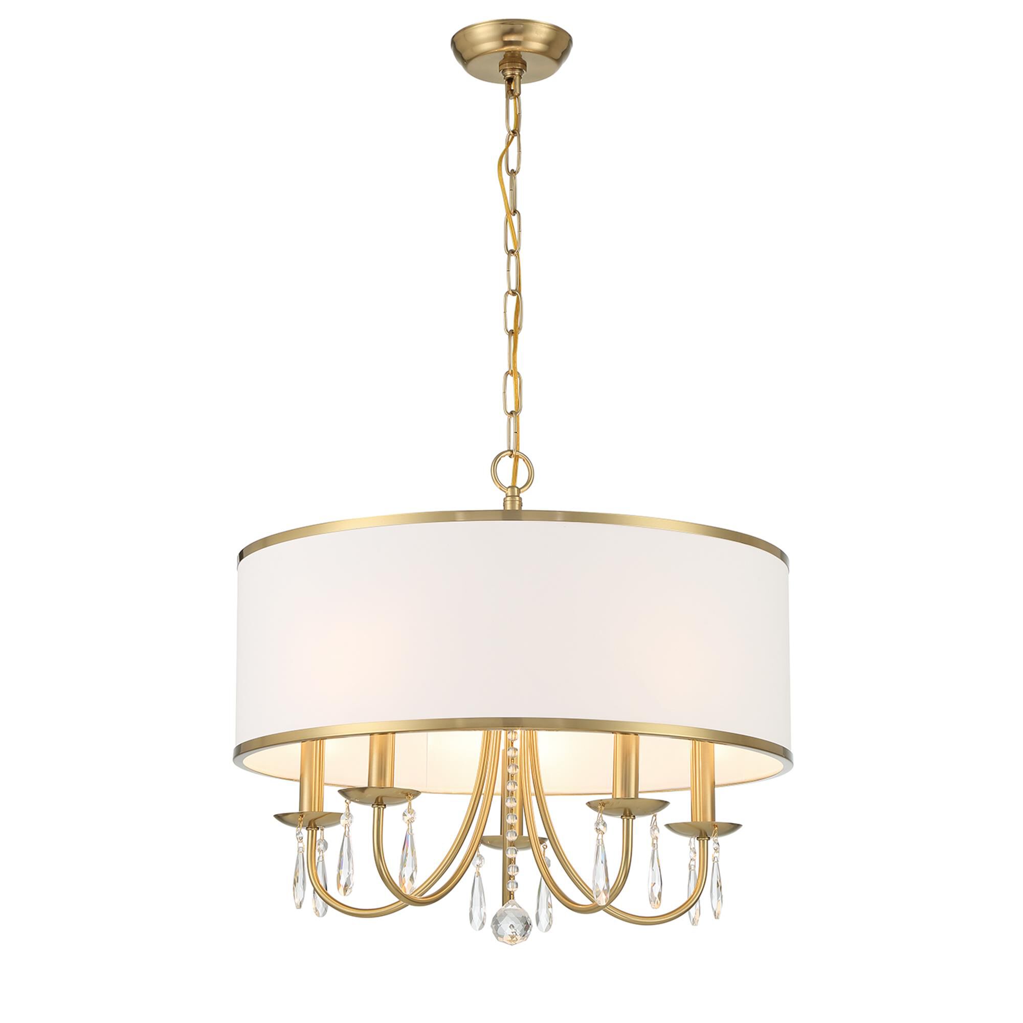 Shown in Vibrant Gold finish and Clear Hand Cut crystal and White Linen shade