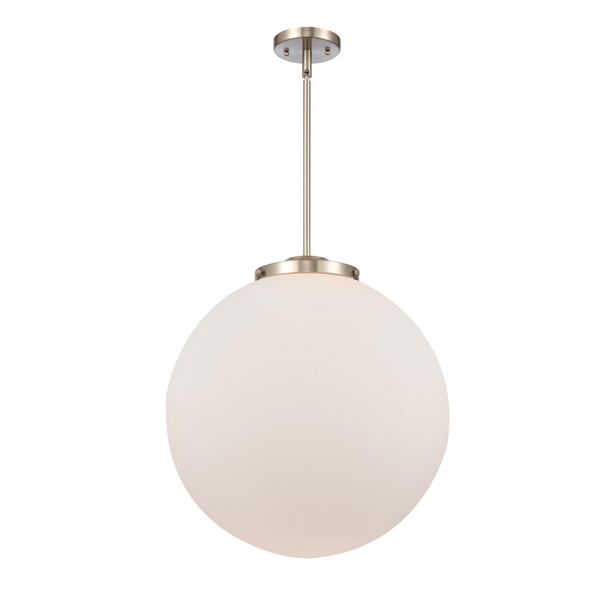 Shown in Brushed Satin Nickel finish and Matte White Cased Beacon glass