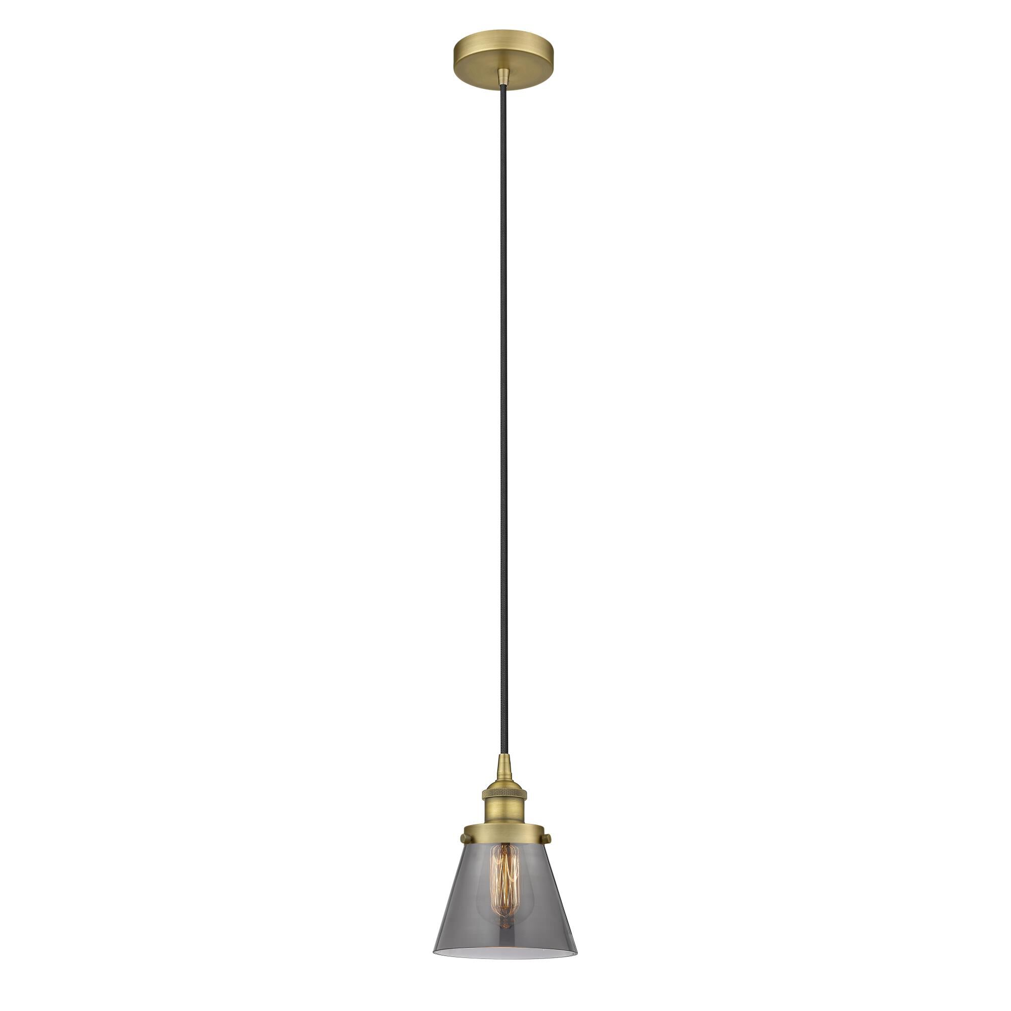 Shown in Brushed Brass finish and Plated Smoke Small Cone glass