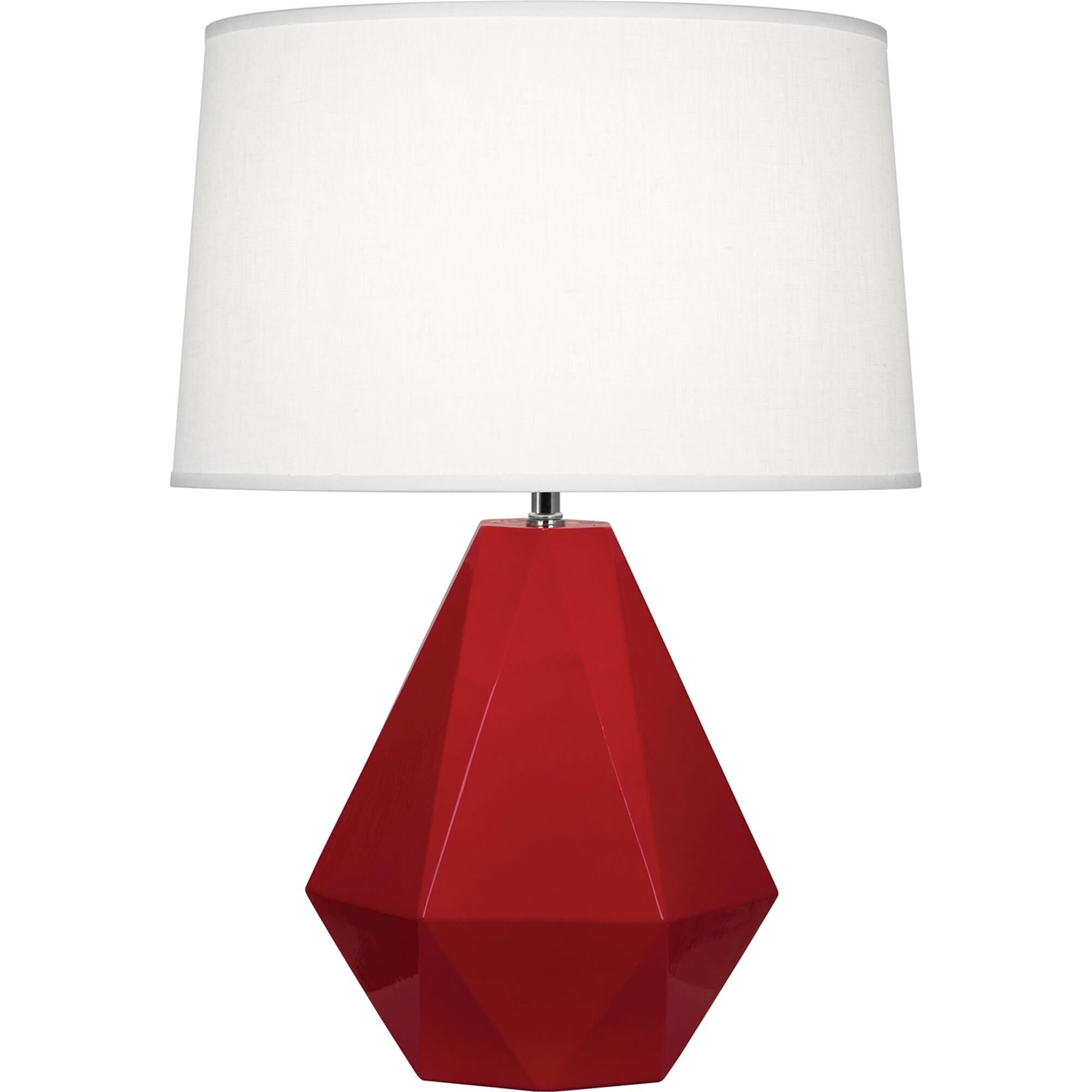 Shown in Ruby Red Glazed Ceramic finish and Oyster Linen shade