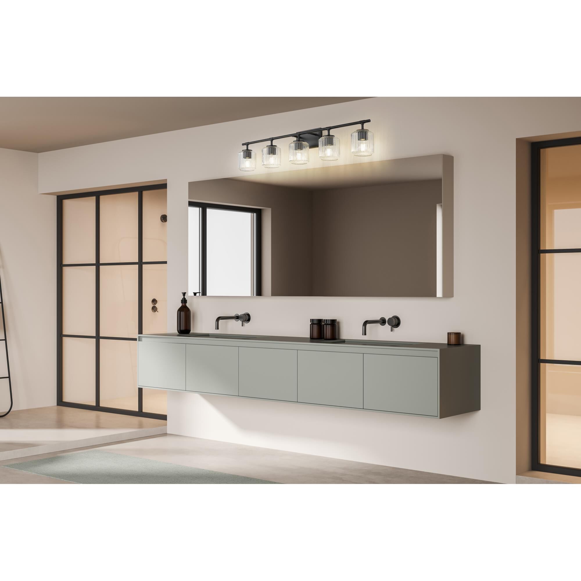 Shown in Matte Black finish and Clear Ribbed glass and Clear Ribbed shade