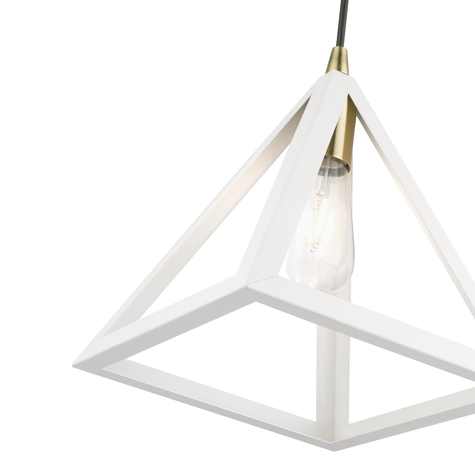 Shown in Textured White with Antique Brass Accents finish and Textured White Metal shade