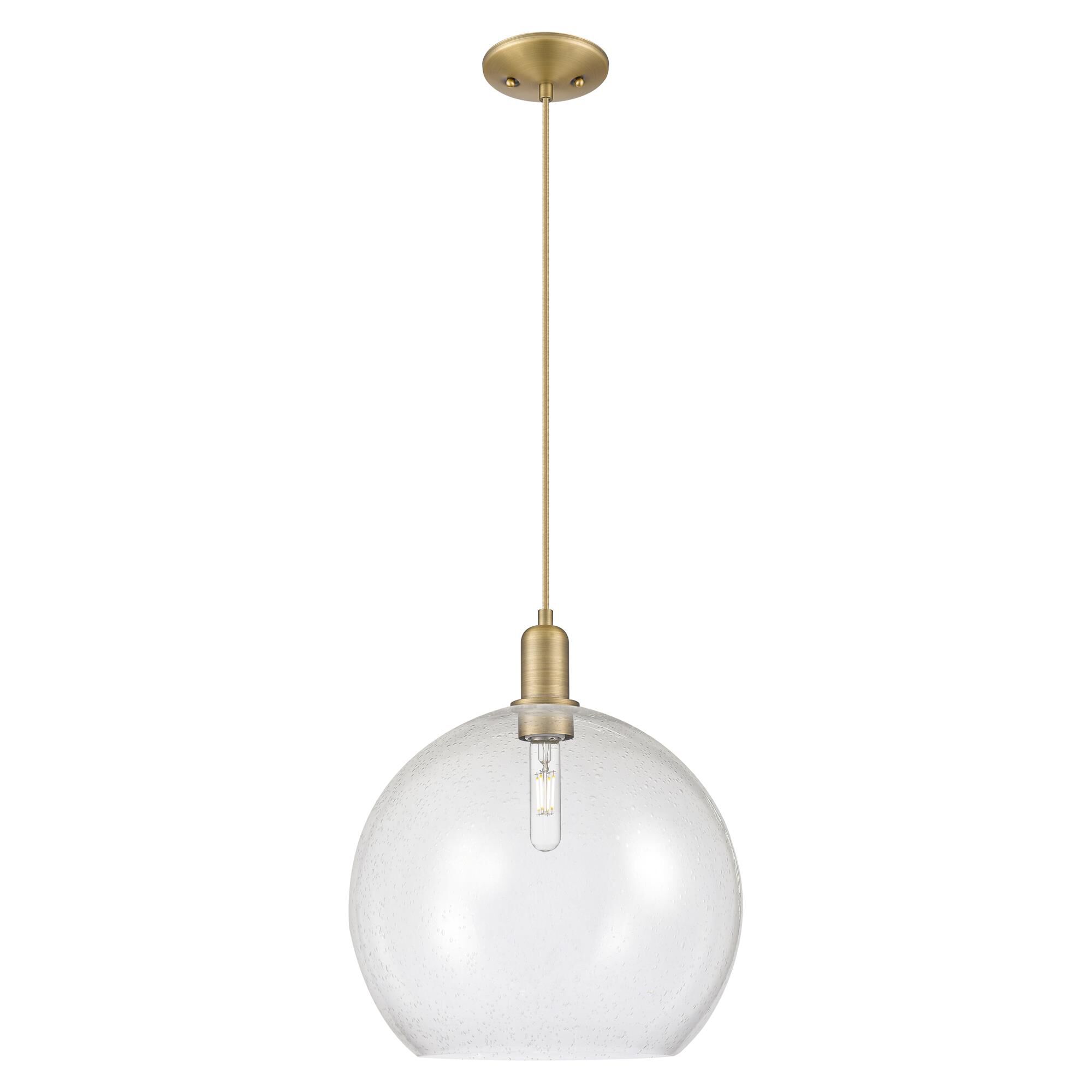 Shown in Brushed Brass finish and Seedy glass