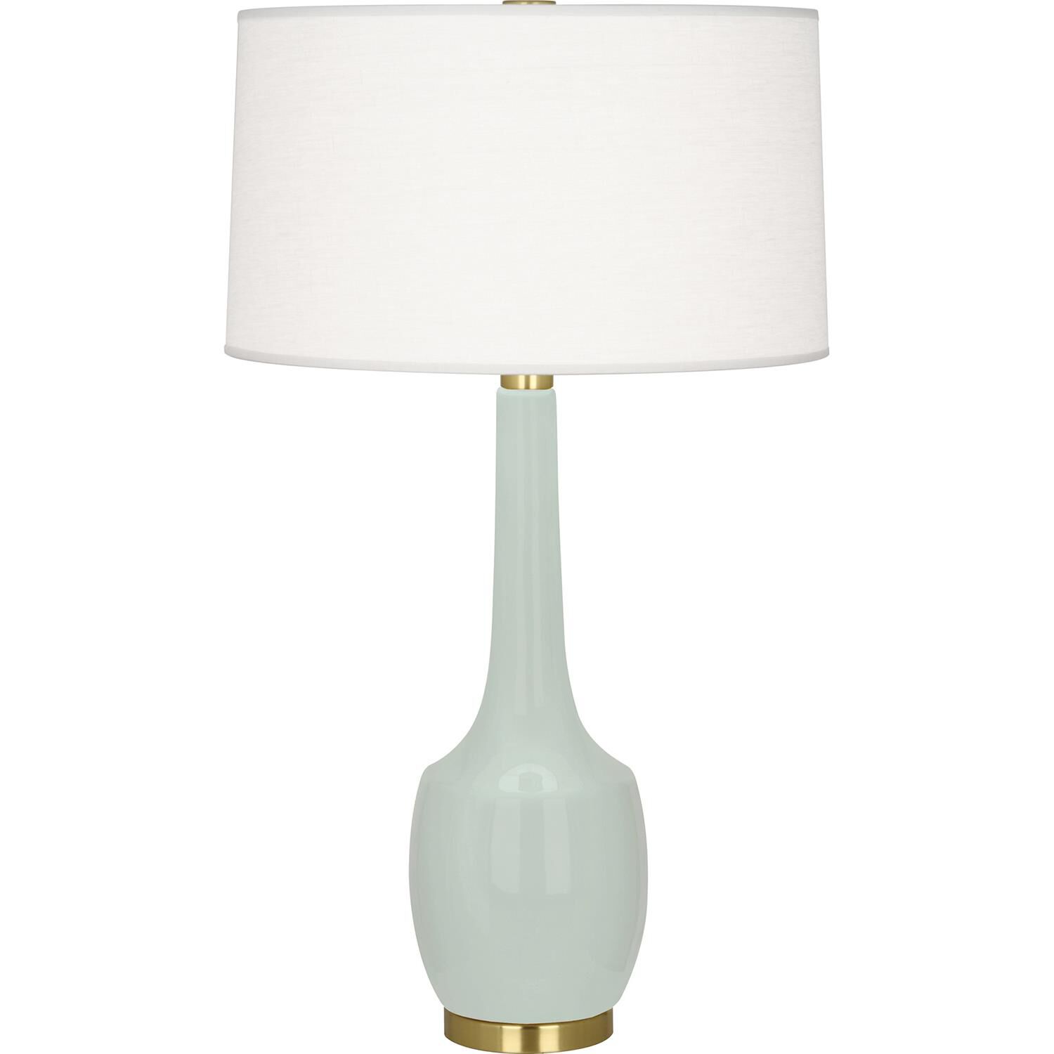 Shown in Celadon Glazed Ceramic finish and Oyster Linen With Self-Fabric Top And Bottom Diffuser shade