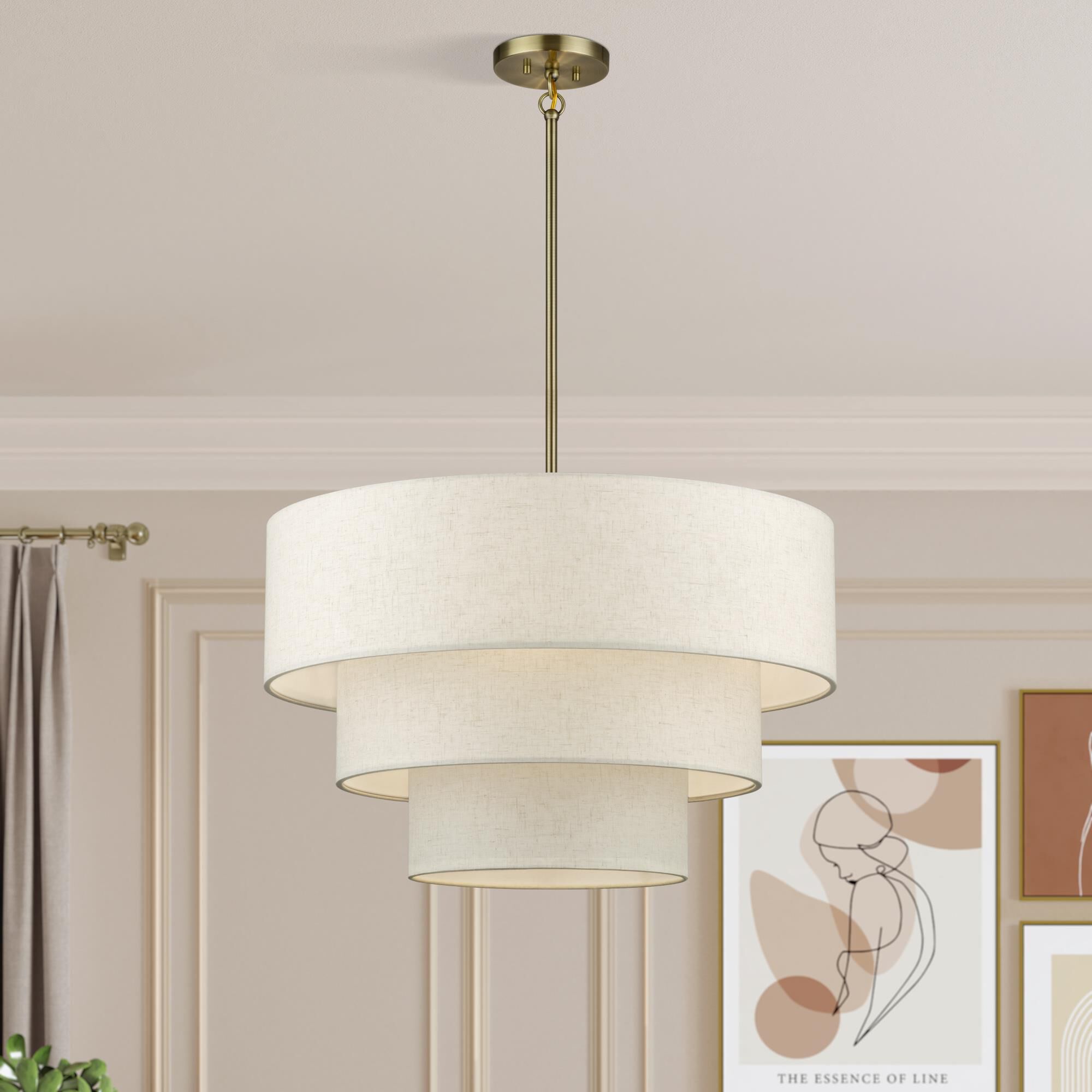 Shown in Antique Brass finish and Hand Crafted Oatmeal Color Fabric with White Color Inside shade