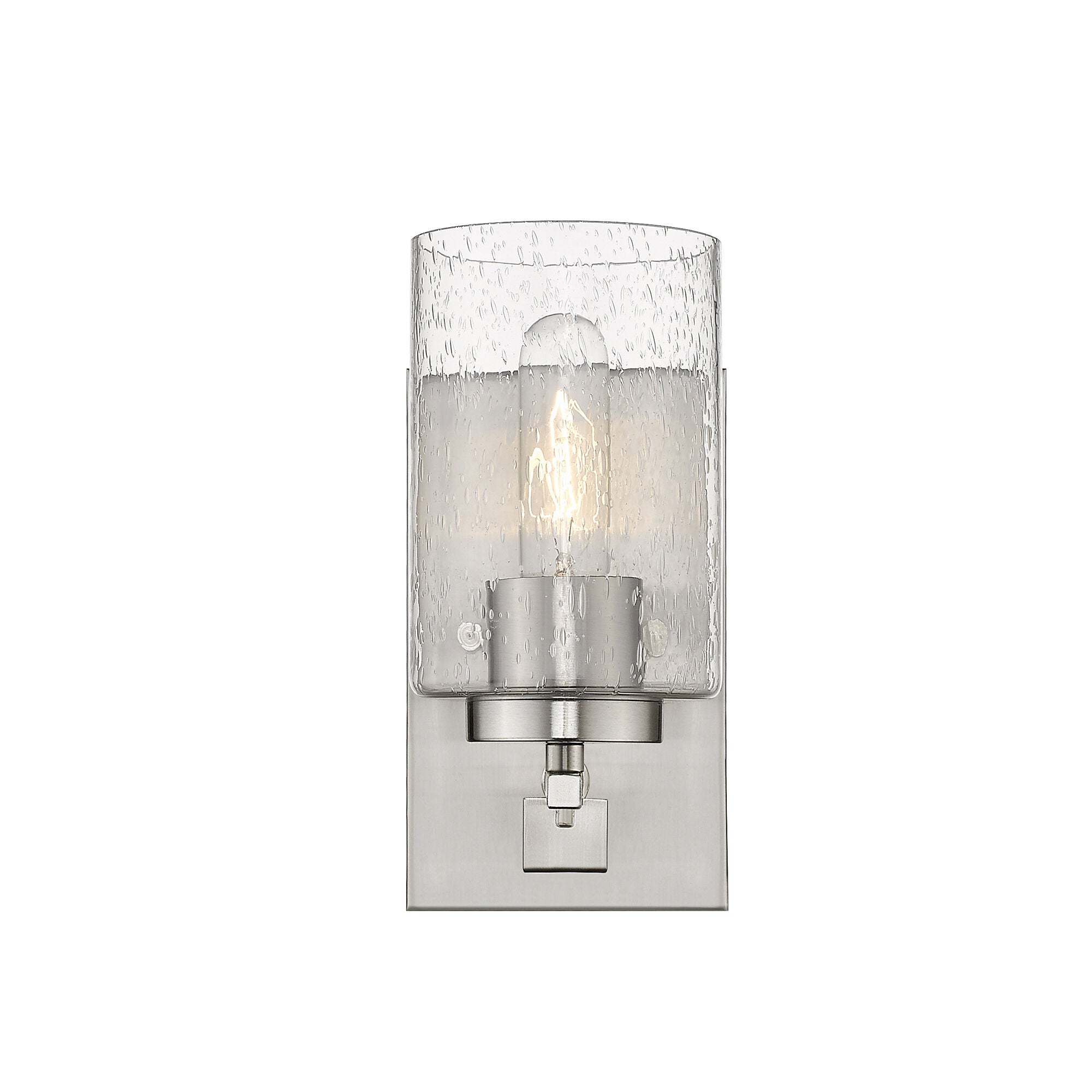 Shown in Satin Nickel finish and Clear glass and Clear, Seeded Cylindrical Glass shade