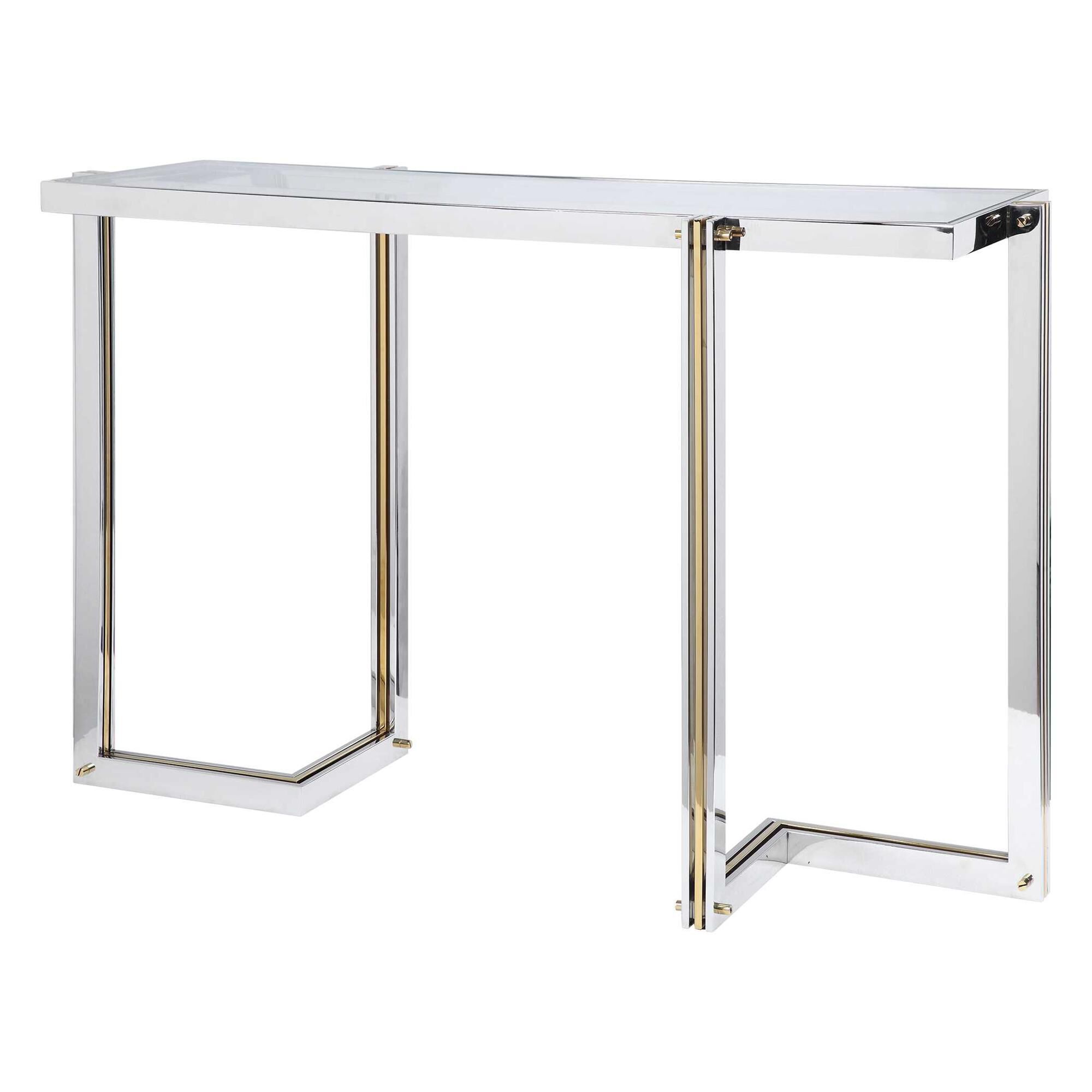 Shown in Modern Glam Console Features An Asymmetrical Dual Toned Stainless Steel Frame Finished In Polished N finish