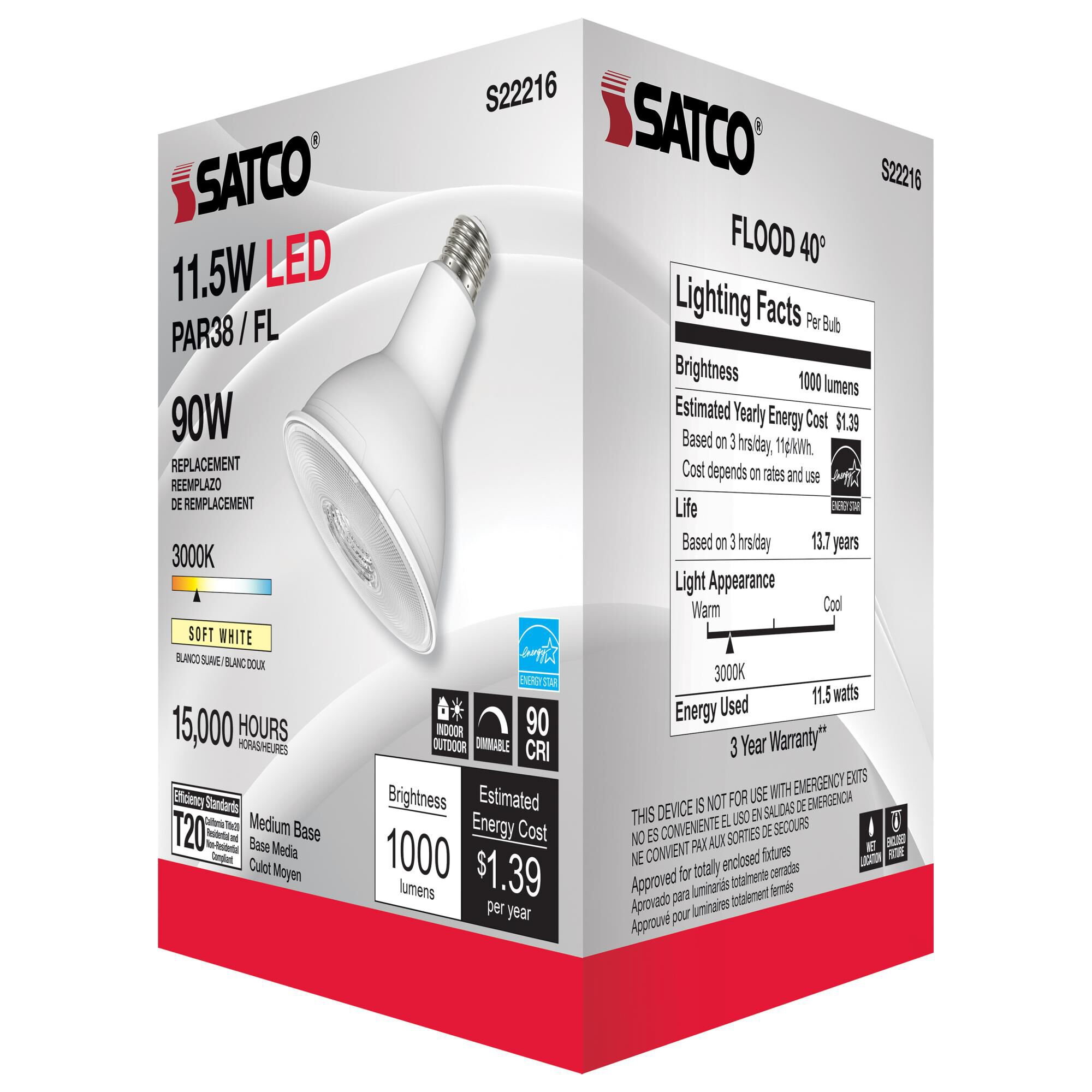 Dimmable 11.5 Watt 3000K PAR38 LED Light Bulb by Satco