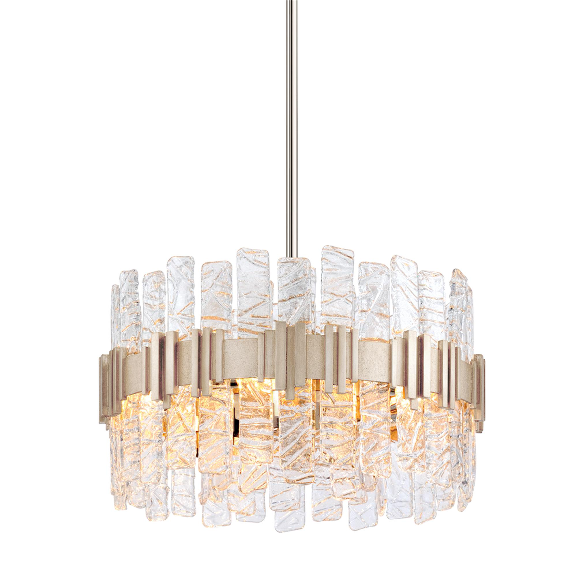 Shown in Silver Leaf finish and Clear glass and Handmade Clear Glass shade and Polished Stainless accent