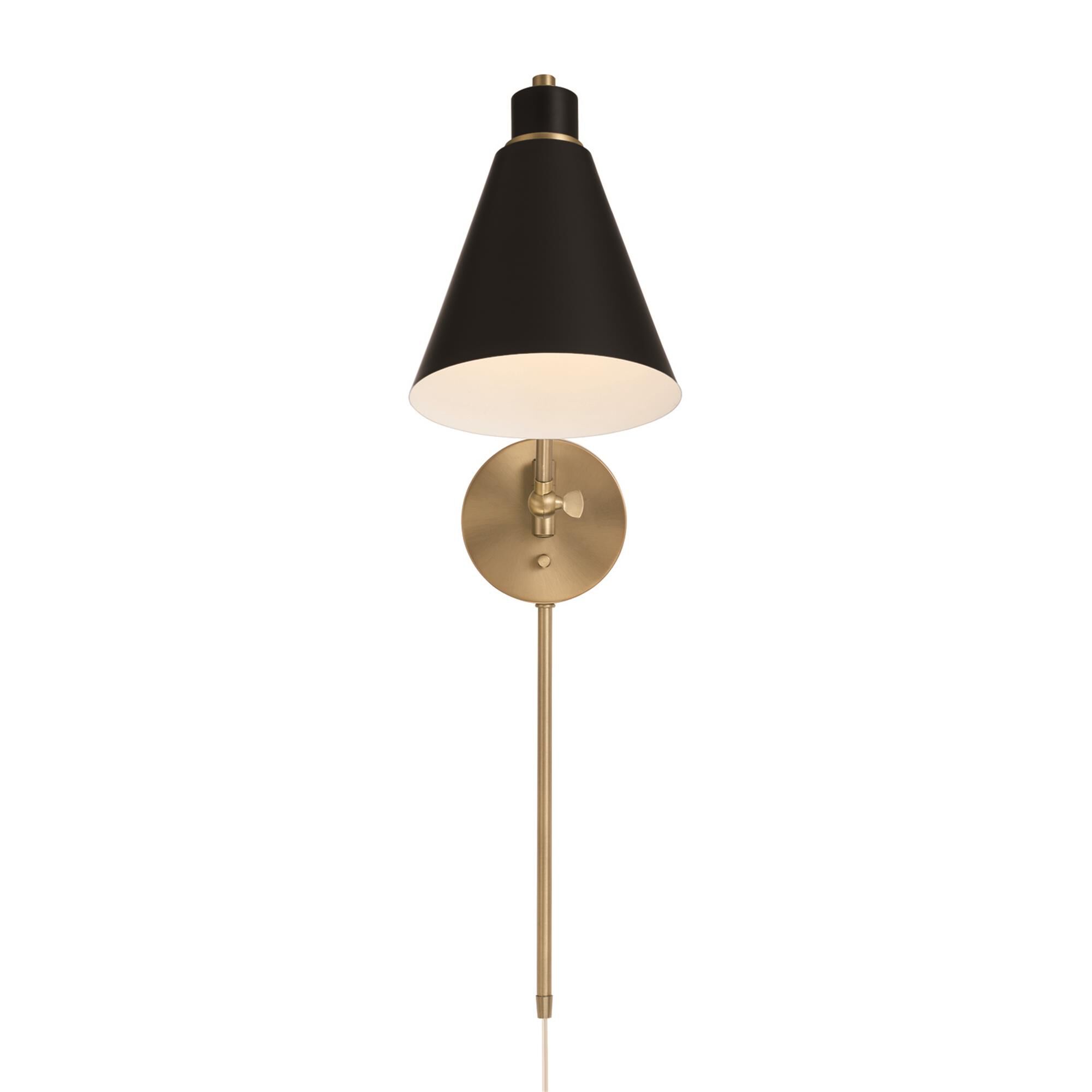 Shown in Aged Brass and Black finish and Black Metal  with White Interior shade