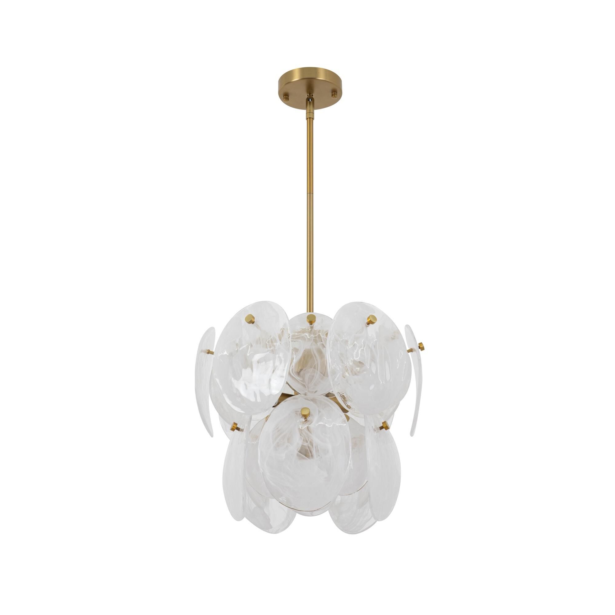 Shown in Brushed Brass finish and Wispy White Murano Style glass