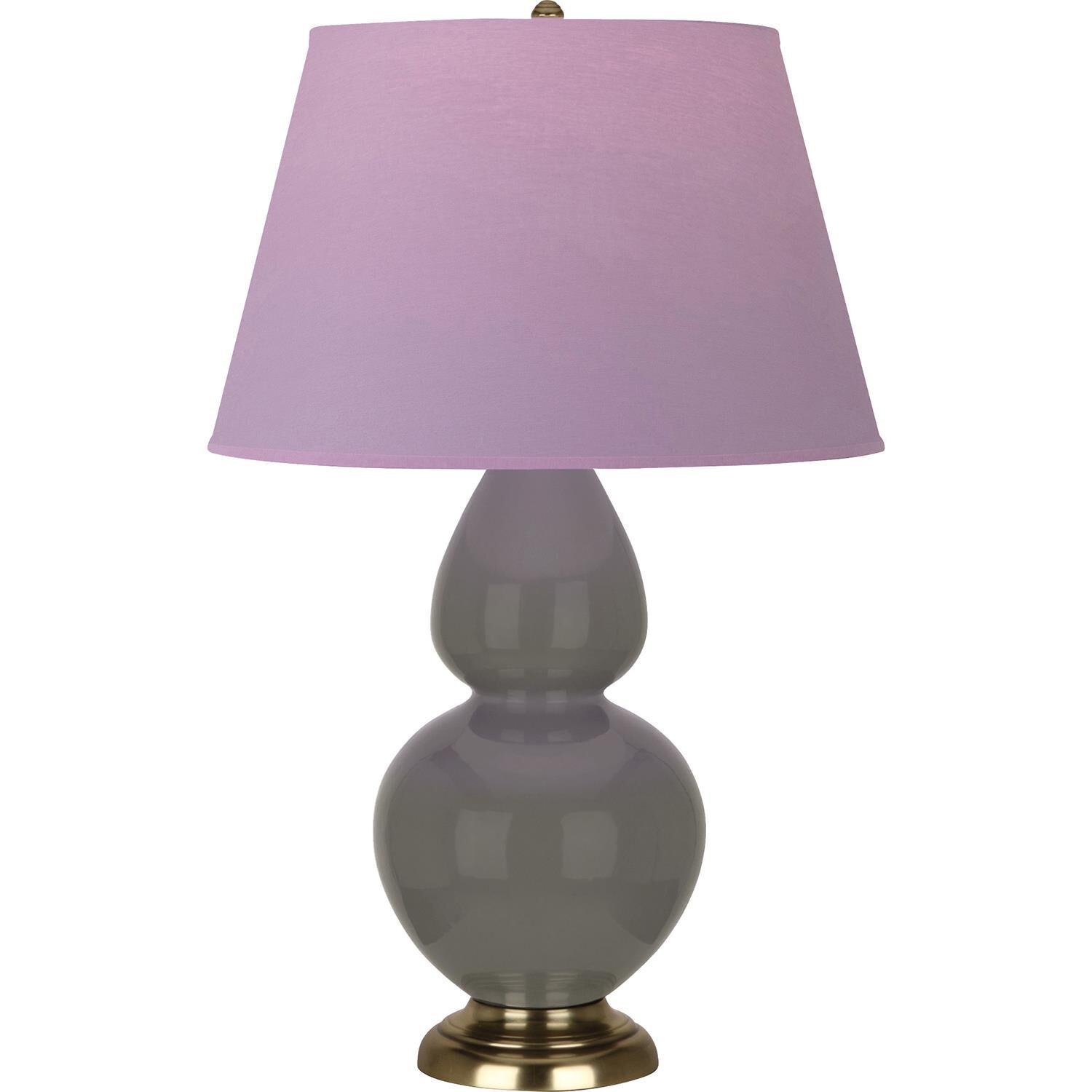 Shown in Ash finish and Lavender and Plum shade and Antique Brass accent