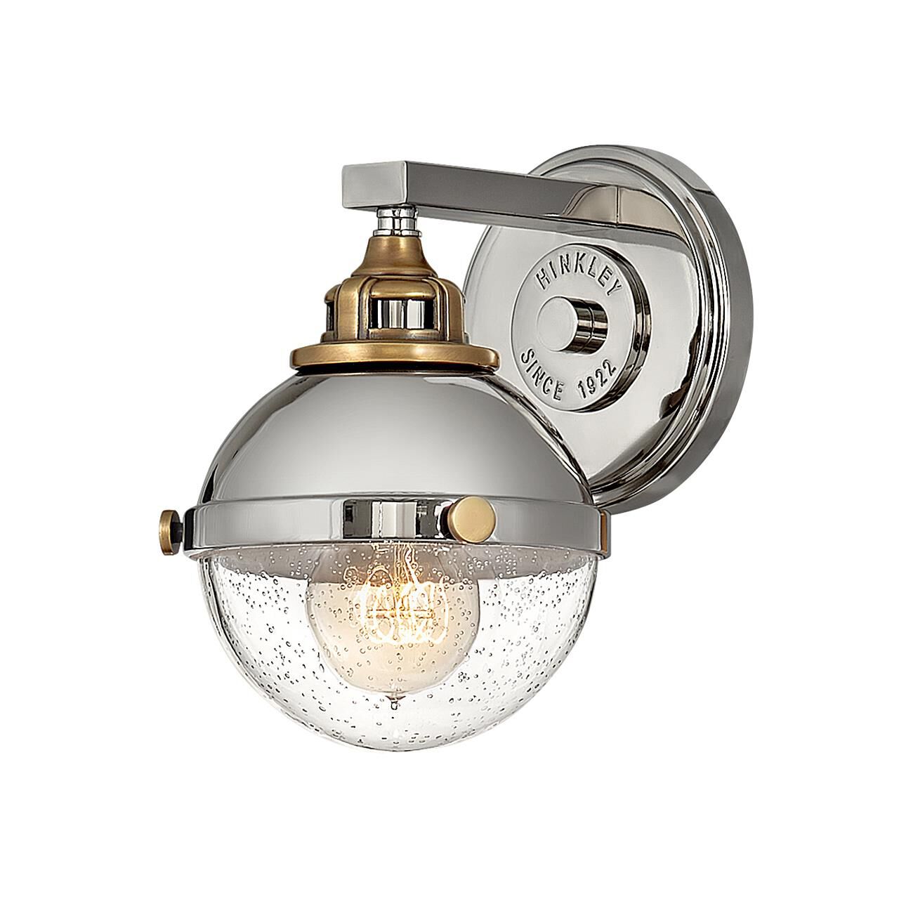 Shown in Polished Nickel finish and Clear Seedy glass and Heritage Brass accent