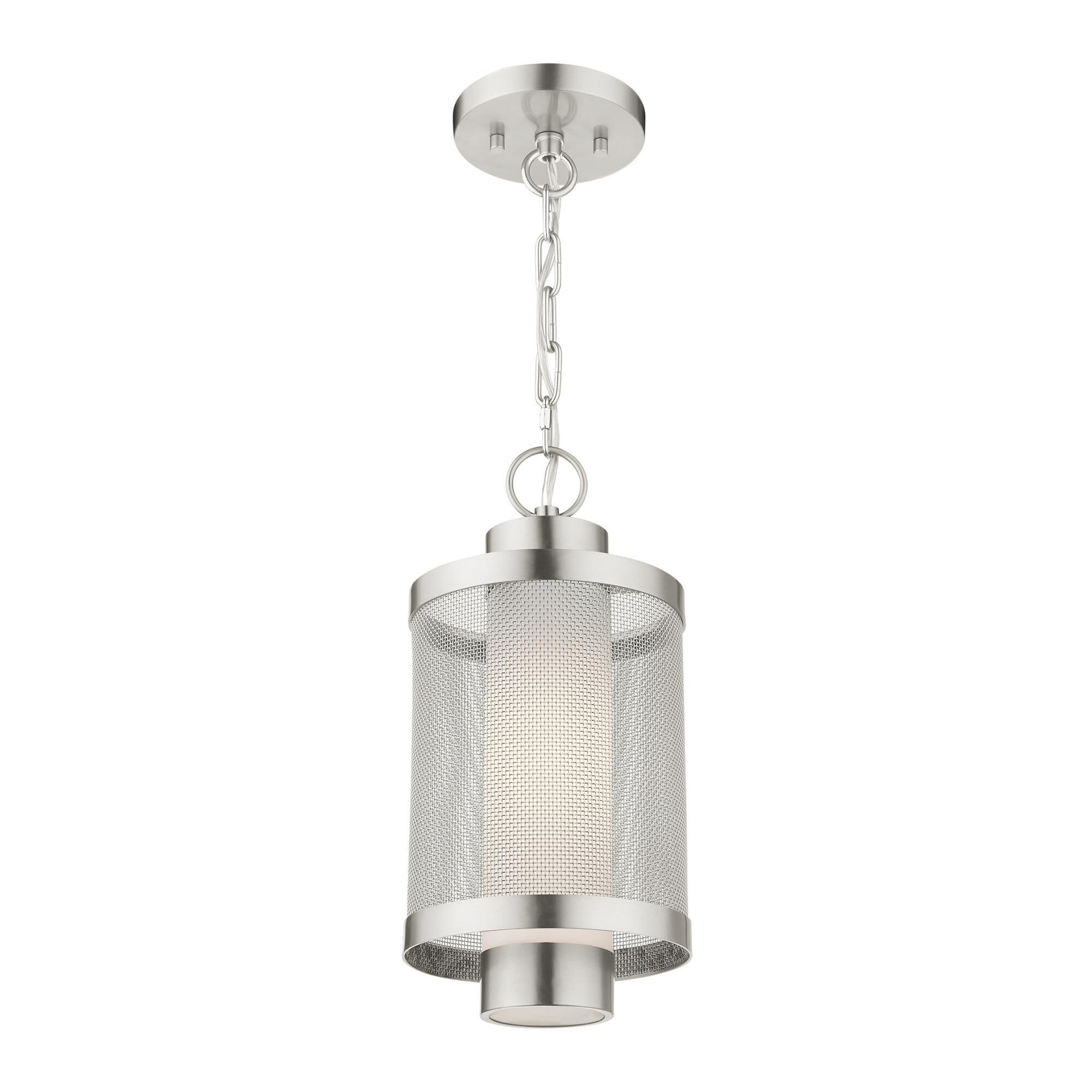 Shown in Brushed Nickel finish and Brushed Nickel Stainless Steel Mesh With Satin Opal White glass and Brushed Nickel Stainless Steel Mesh With Satin Opal White Glass shade