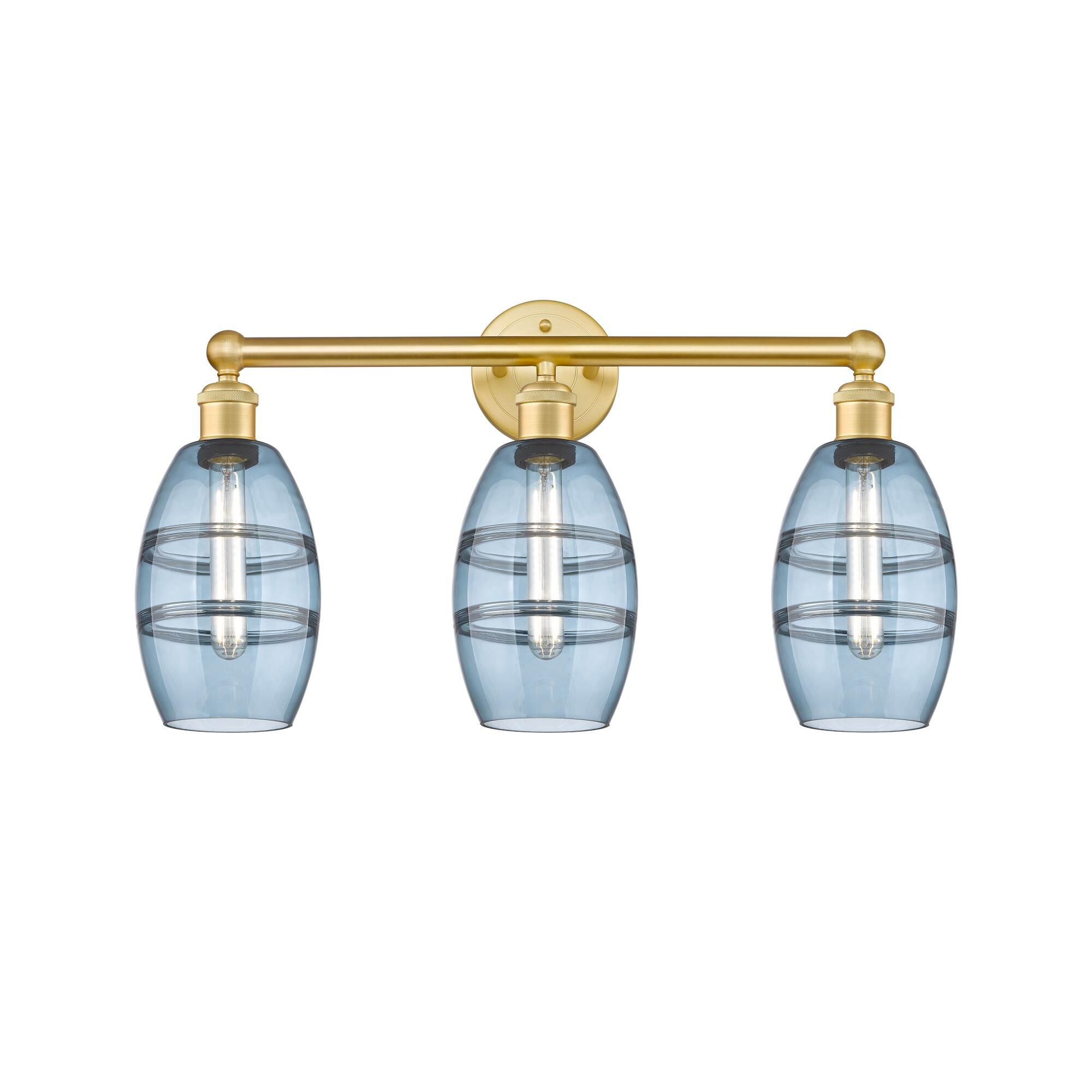 Shown in Satin Gold finish and Princess Blue glass