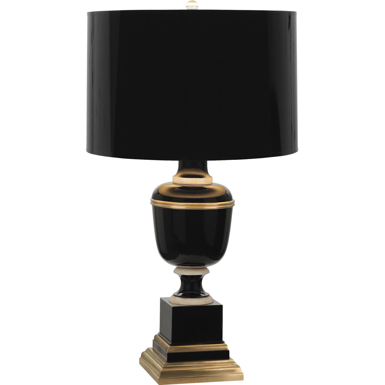 Shown in Black Lacquered Paint With Natural Brass And Ivory Crackle Accents finish and Black Painted Opaque Parchment With Matte Gold Lining shade