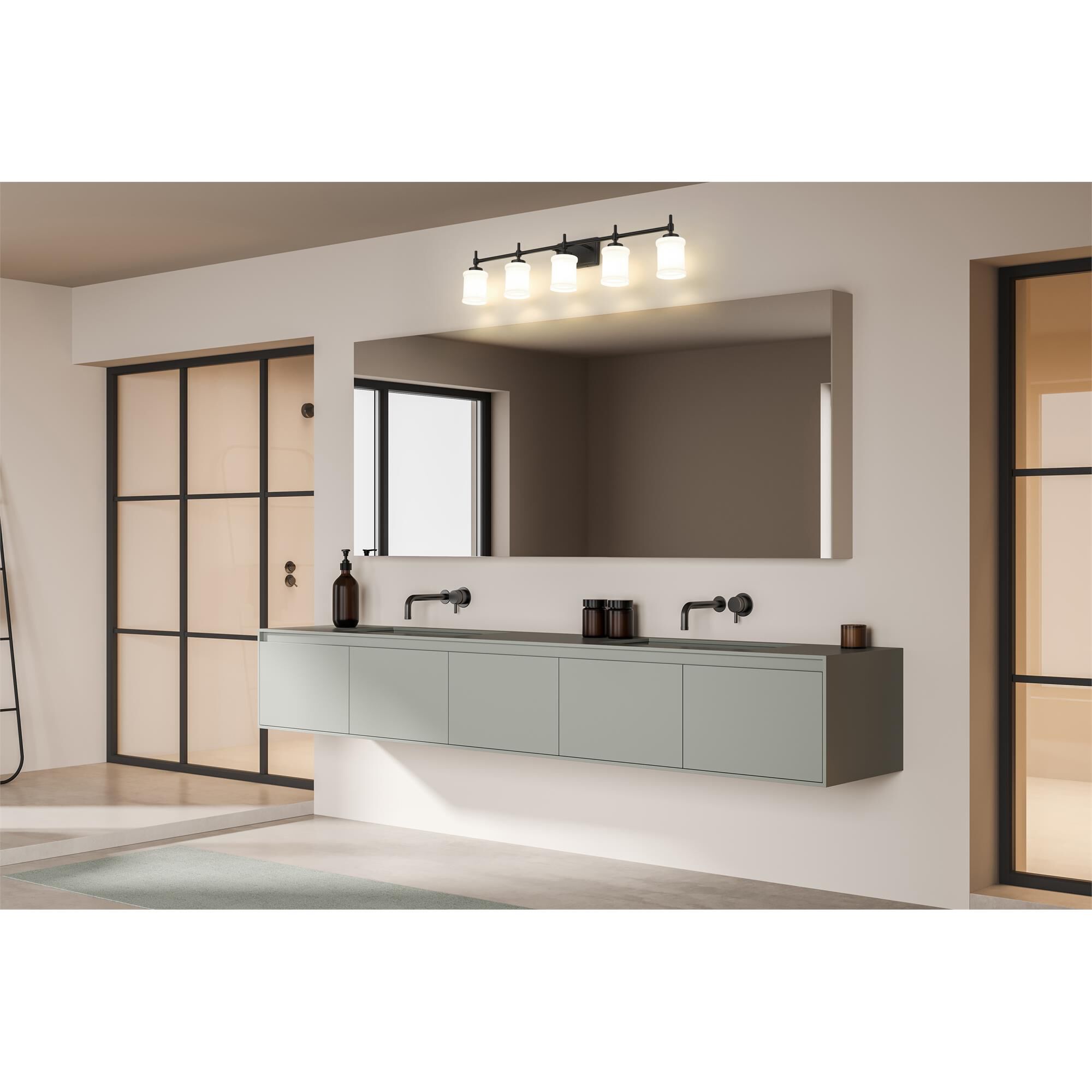 Shown in Matte Black finish and Gloss Opal glass and Gloss Opal shade