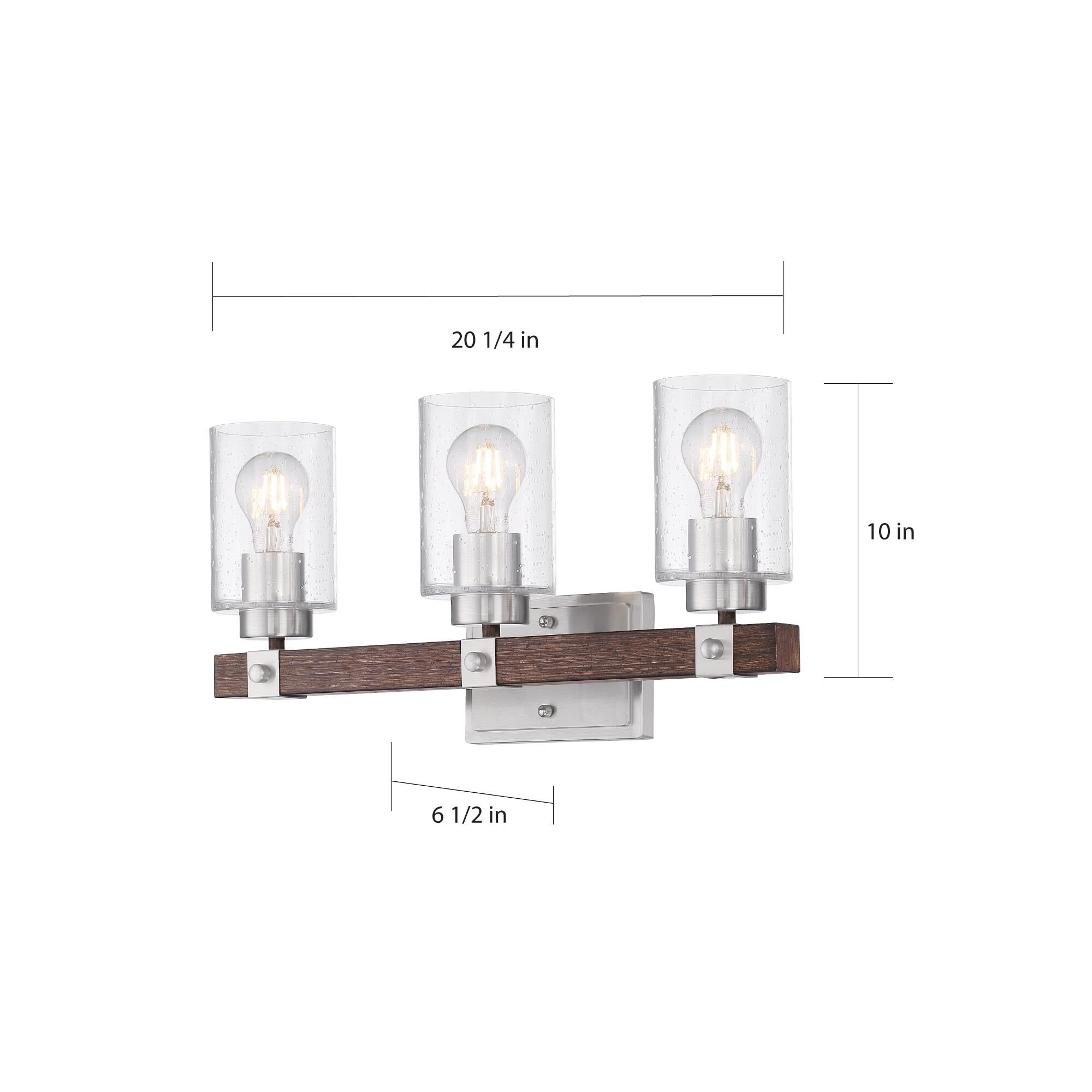 Shown in Brushed Nickel - Nutmeg Wood finish and Clear Seeded glass