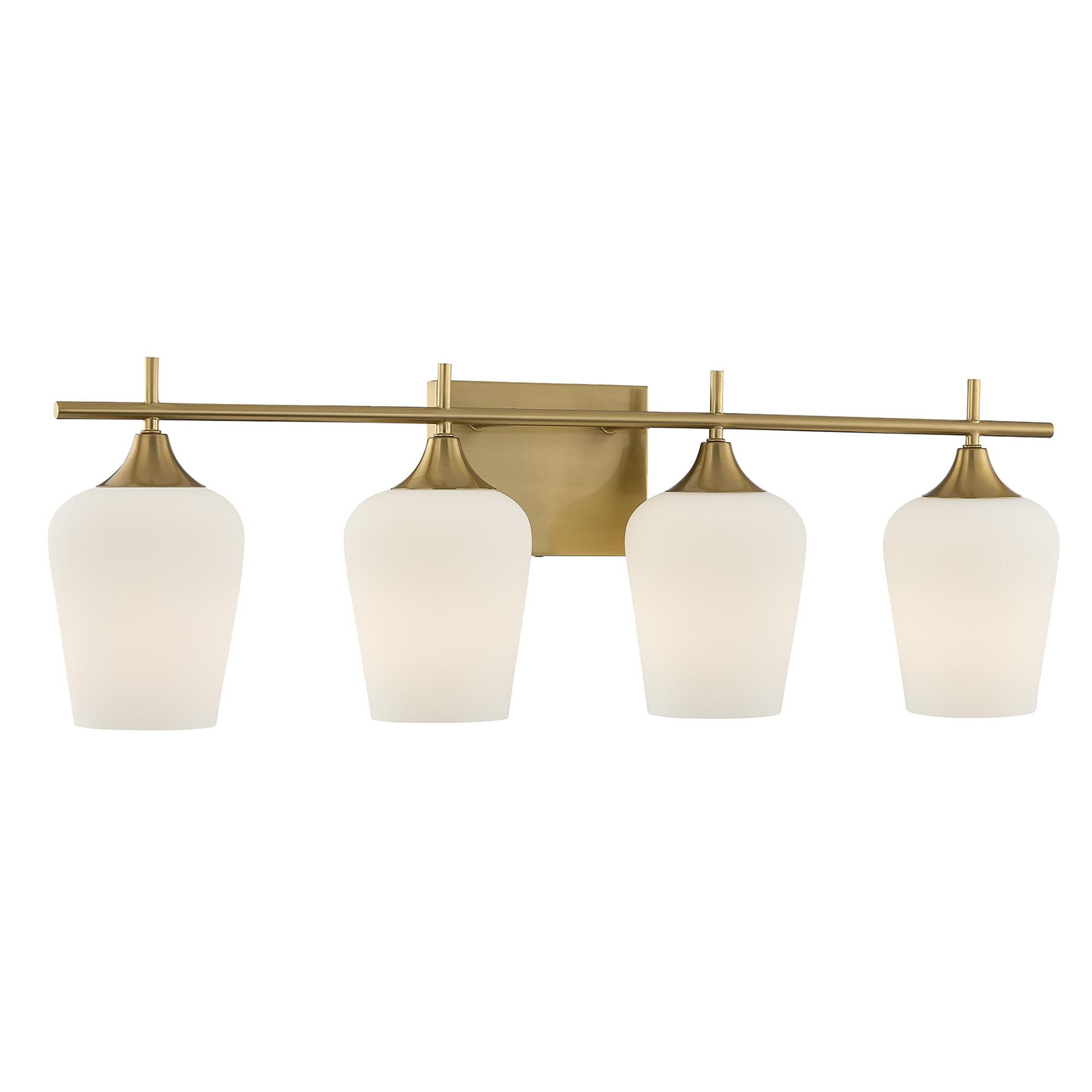Shown in Warm Brass finish and White Opal glass
