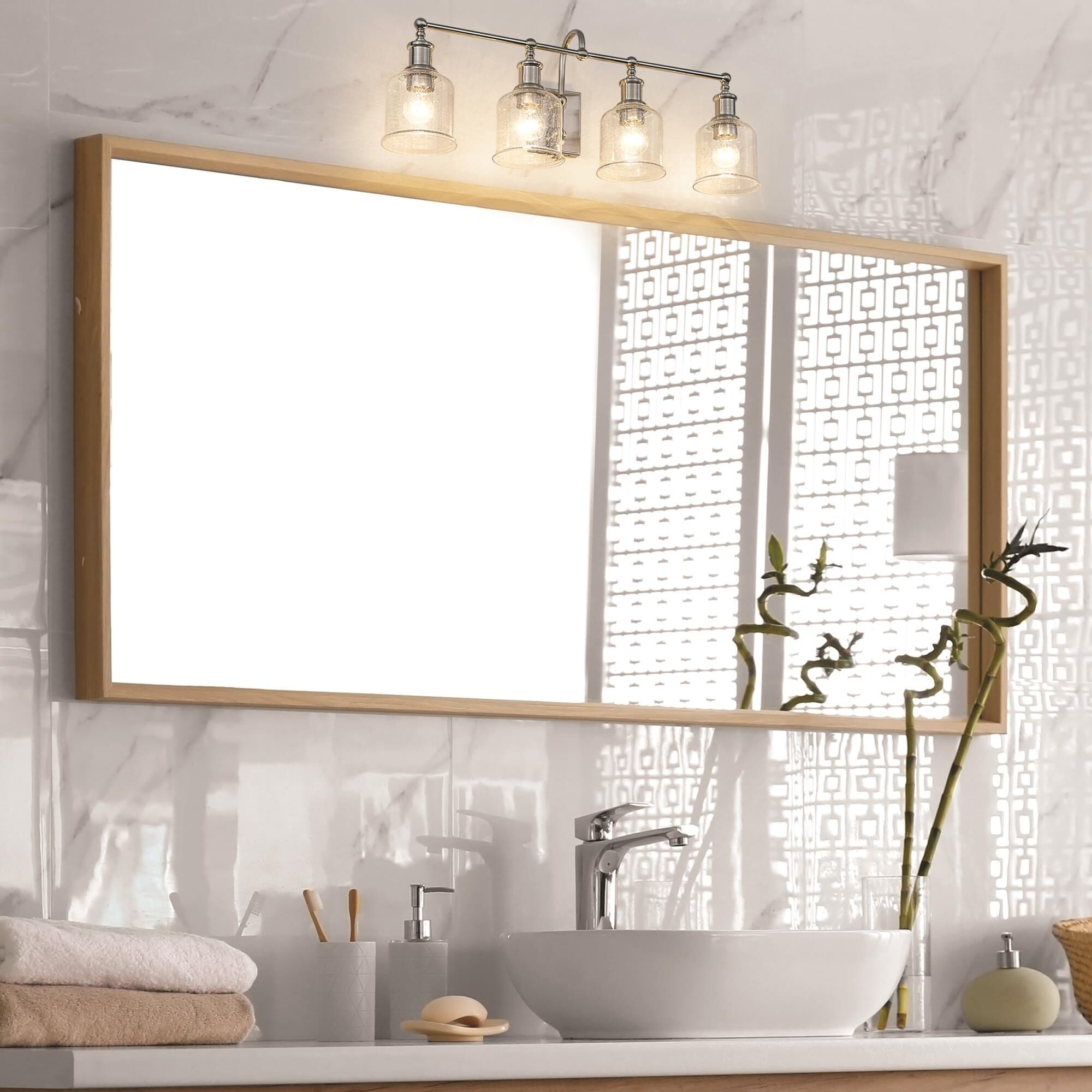 Shown in Brushed Nickel finish and Seeded glass