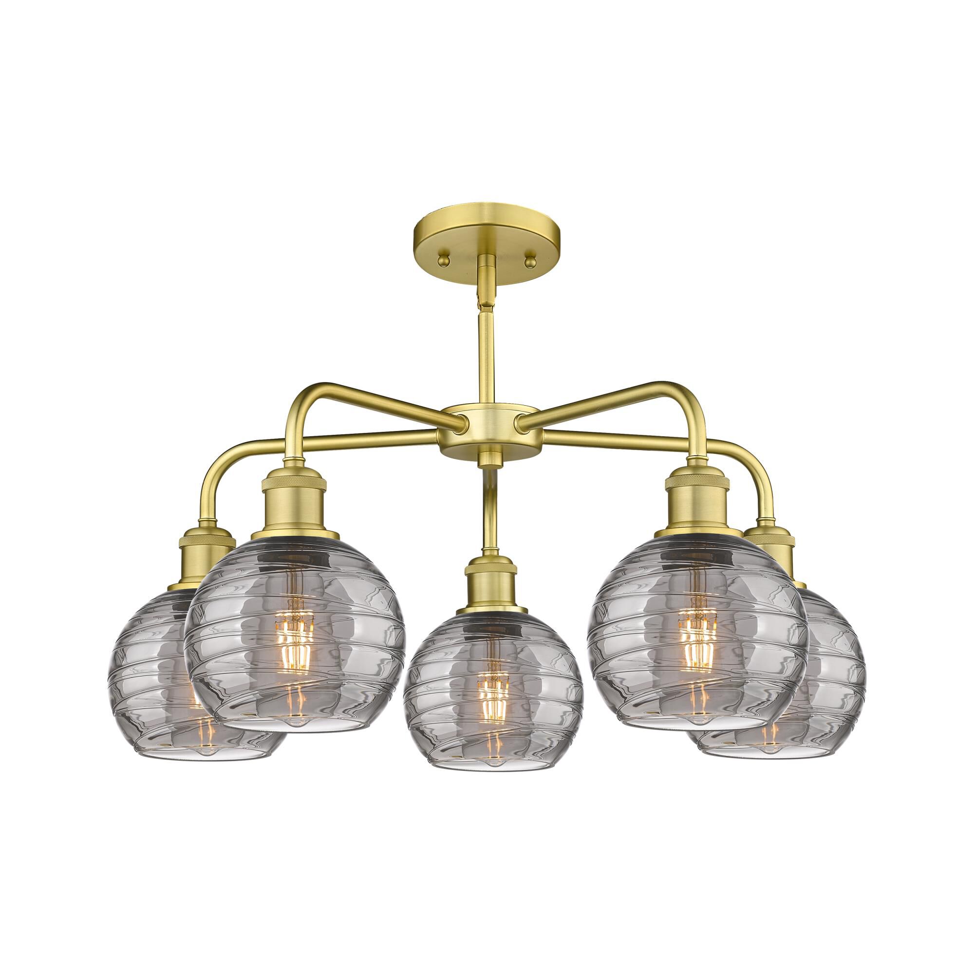 Shown in Satin Gold finish and Light Smoke Deco Swirl glass