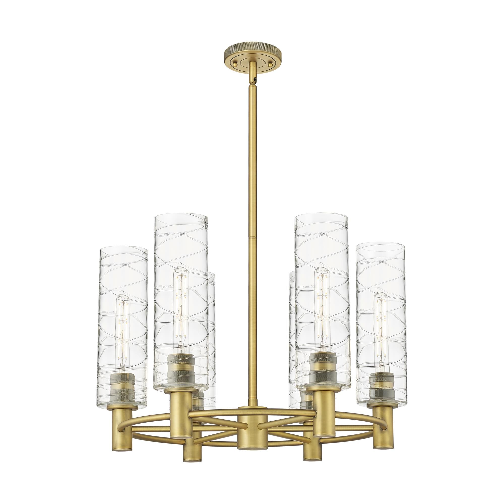 Shown in Brushed Brass finish and Deco Swirl glass