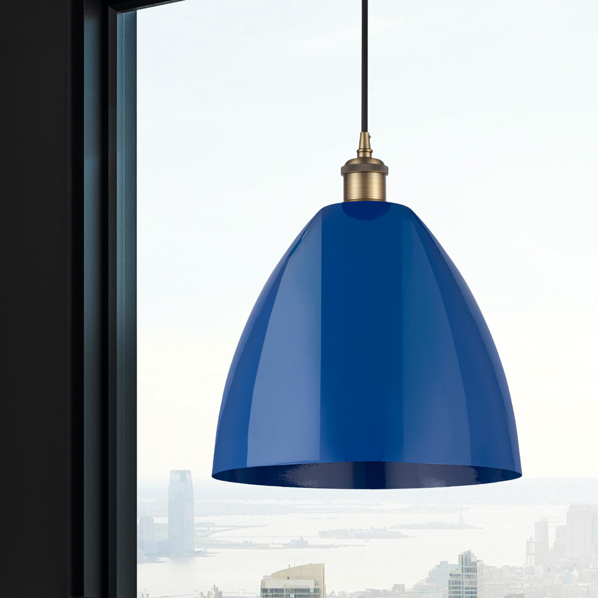 Shown in Brushed Brass finish and Blue Plymouth Dome shade