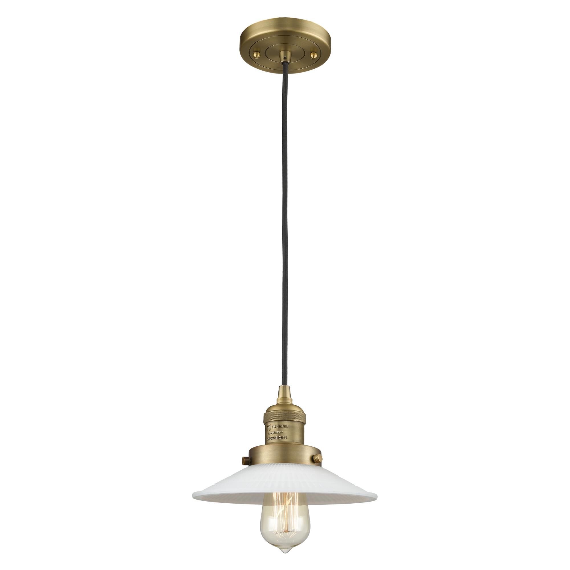 Shown in Brushed Brass finish and Matte White Halophane - Cone glass and Black Textured Cord accent