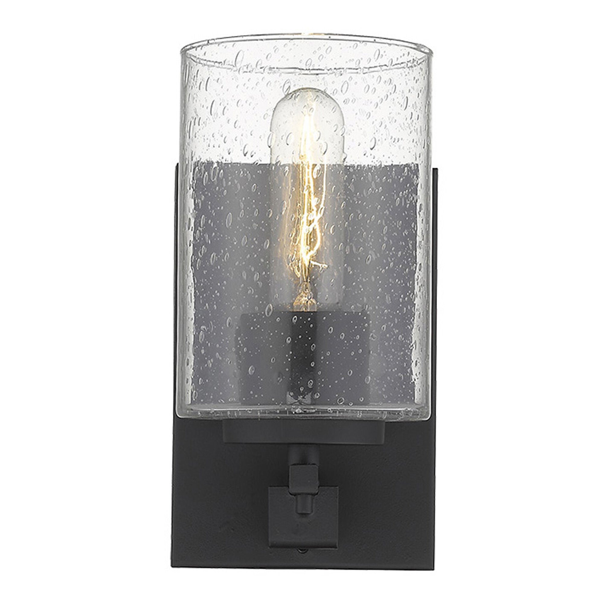 Shown in Matte Black finish and Clear glass and Clear, Seeded Cylindrical Glass shade