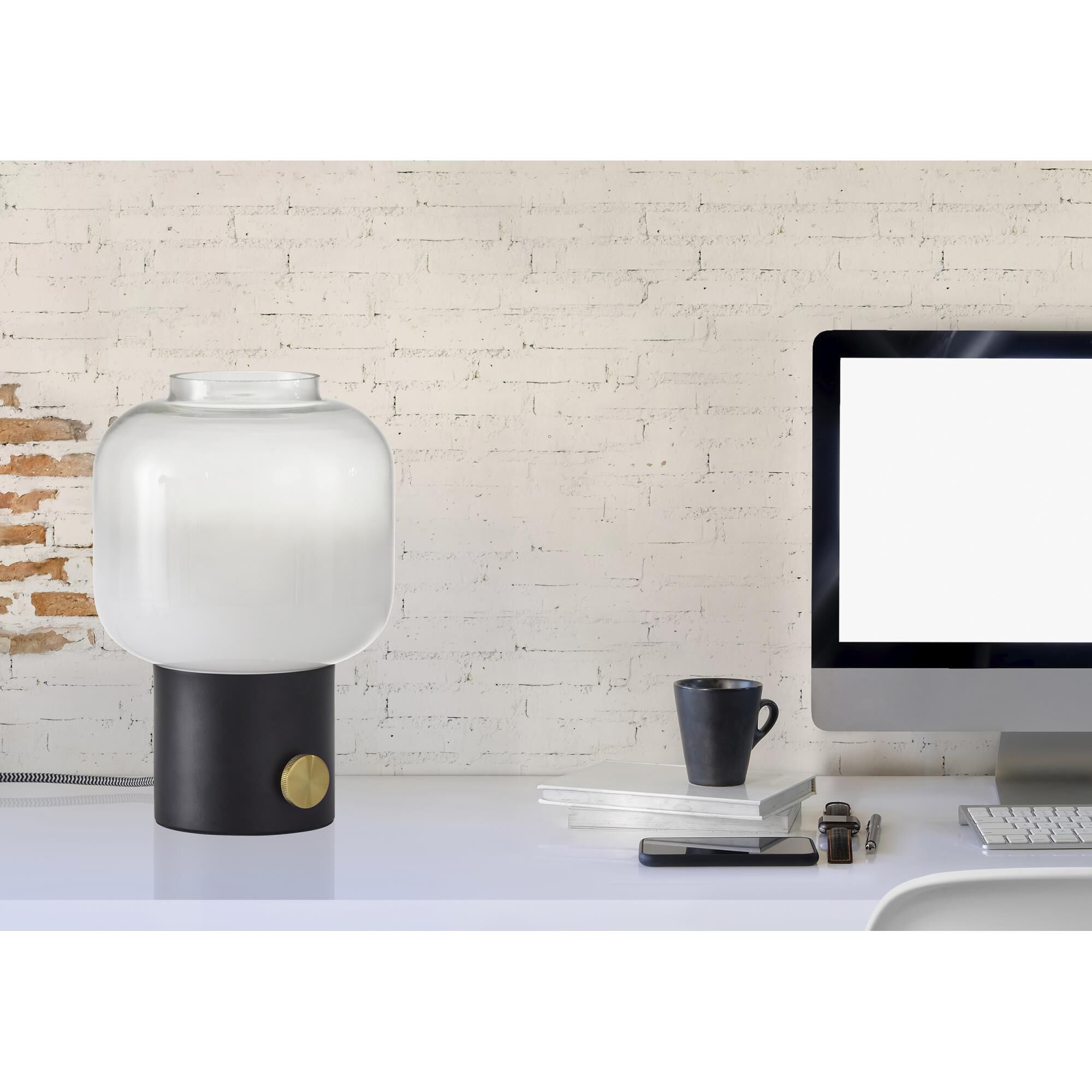 Shown in Matte Black W. Antique Brass Accent finish and Fading White to Clear glass